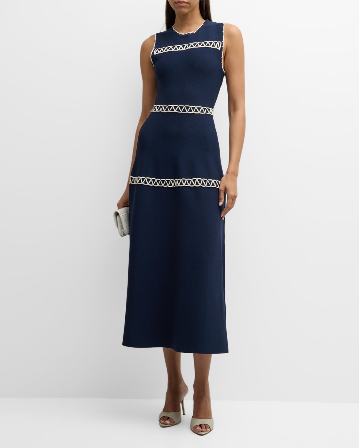 Lela Rose Blanket-Stitch Sleeveless Midi Dress
