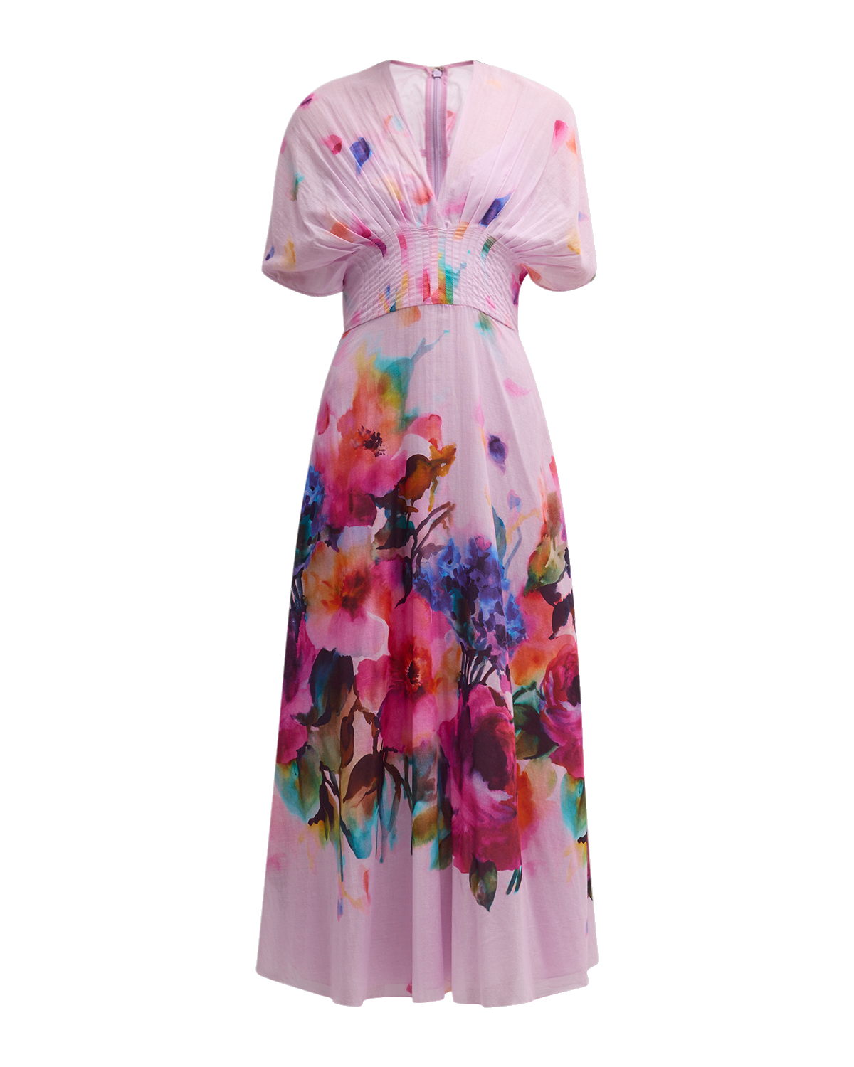Lela Rose Isabel Watercolor Floral-Print Short-Sleeve Pleated-Waist Midi Dress