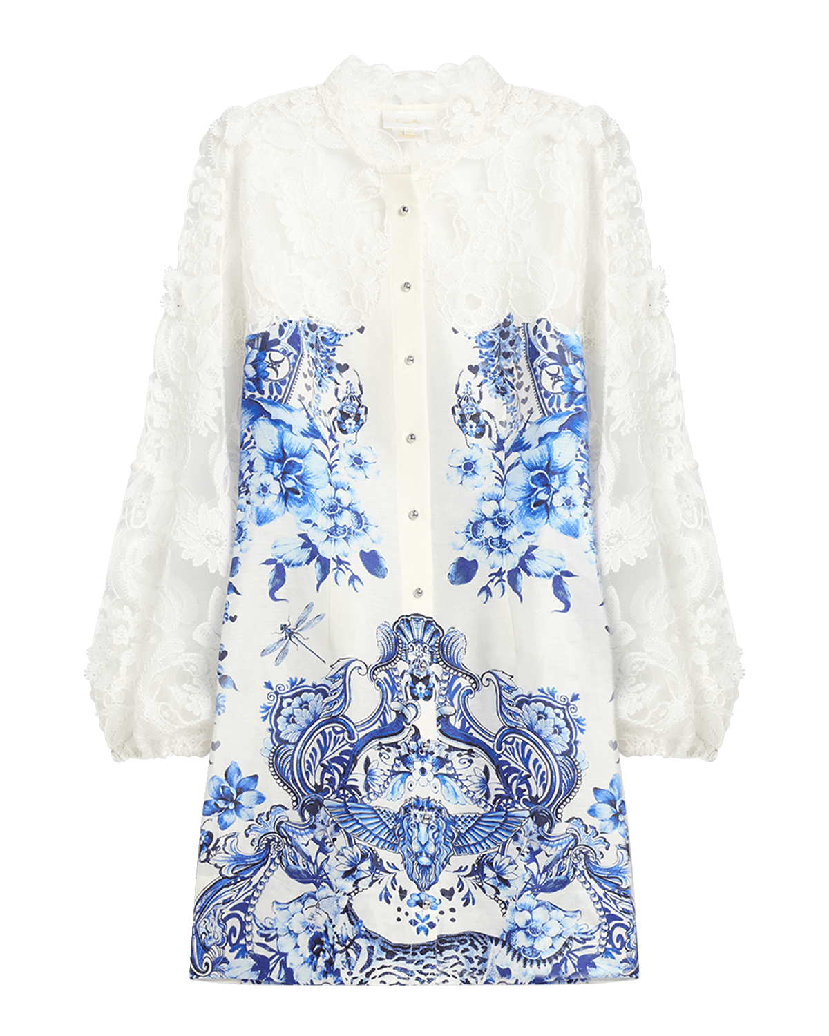 Camilla Butterfly Lace-Sleeve Button-Front Mini Dress