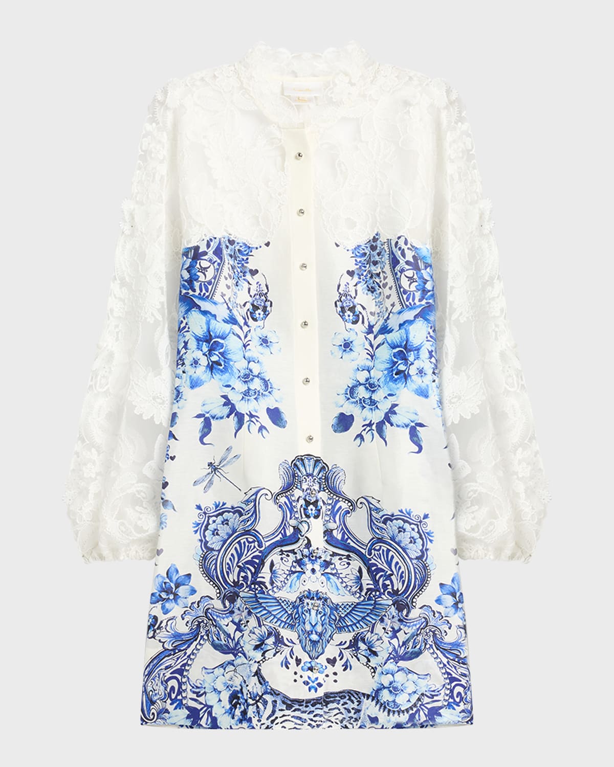 Camilla Butterfly Lace-Sleeve Button-Front Mini Dress