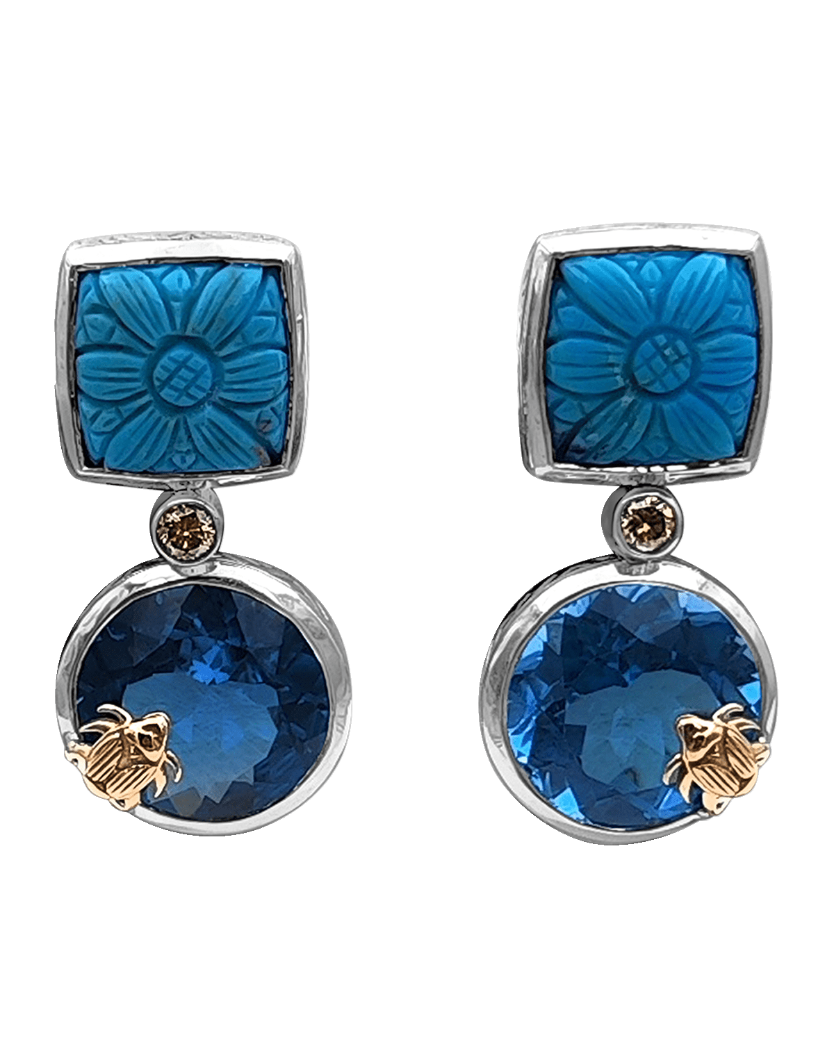 Stephen Dweck Hand Carved Turquoise, Blue Topaz and Champagne Diamond Earrings