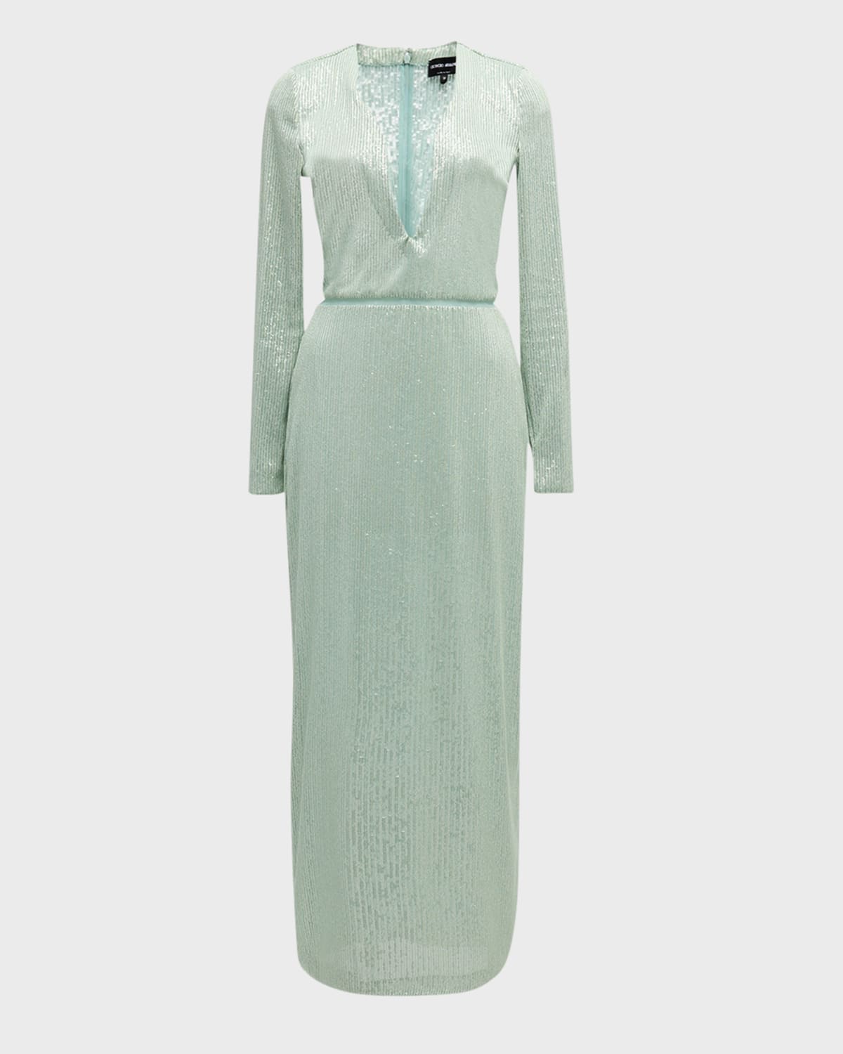 Giorgio Armani Plunging Long-Sleeve Reverse Paillette Knit Midi Dress