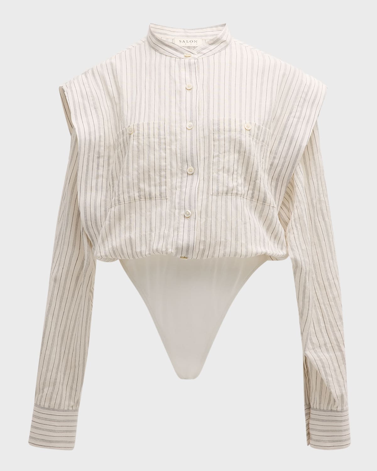 Salon 1884 Tove Striped Band-Collar Long-Sleeve Shirt Bodysuit