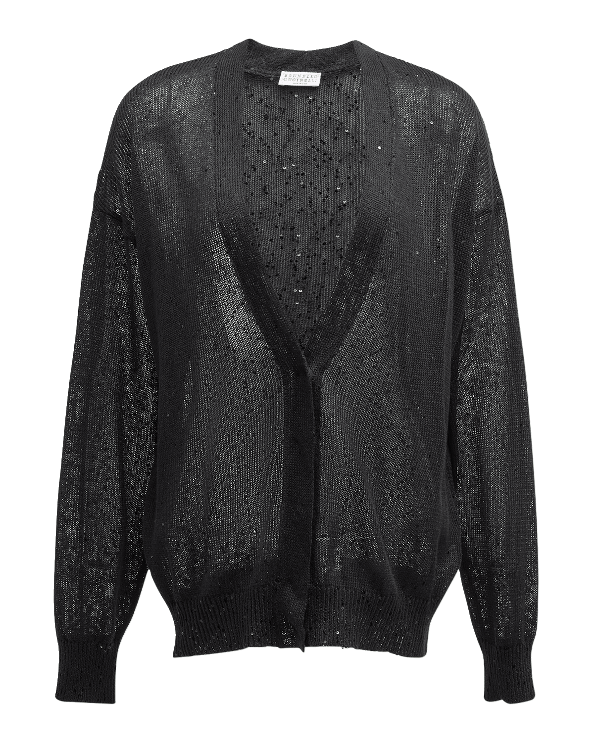 Brunello Cucinelli Linen Silk Hidden Button-Front Cardigan with Paillette Details