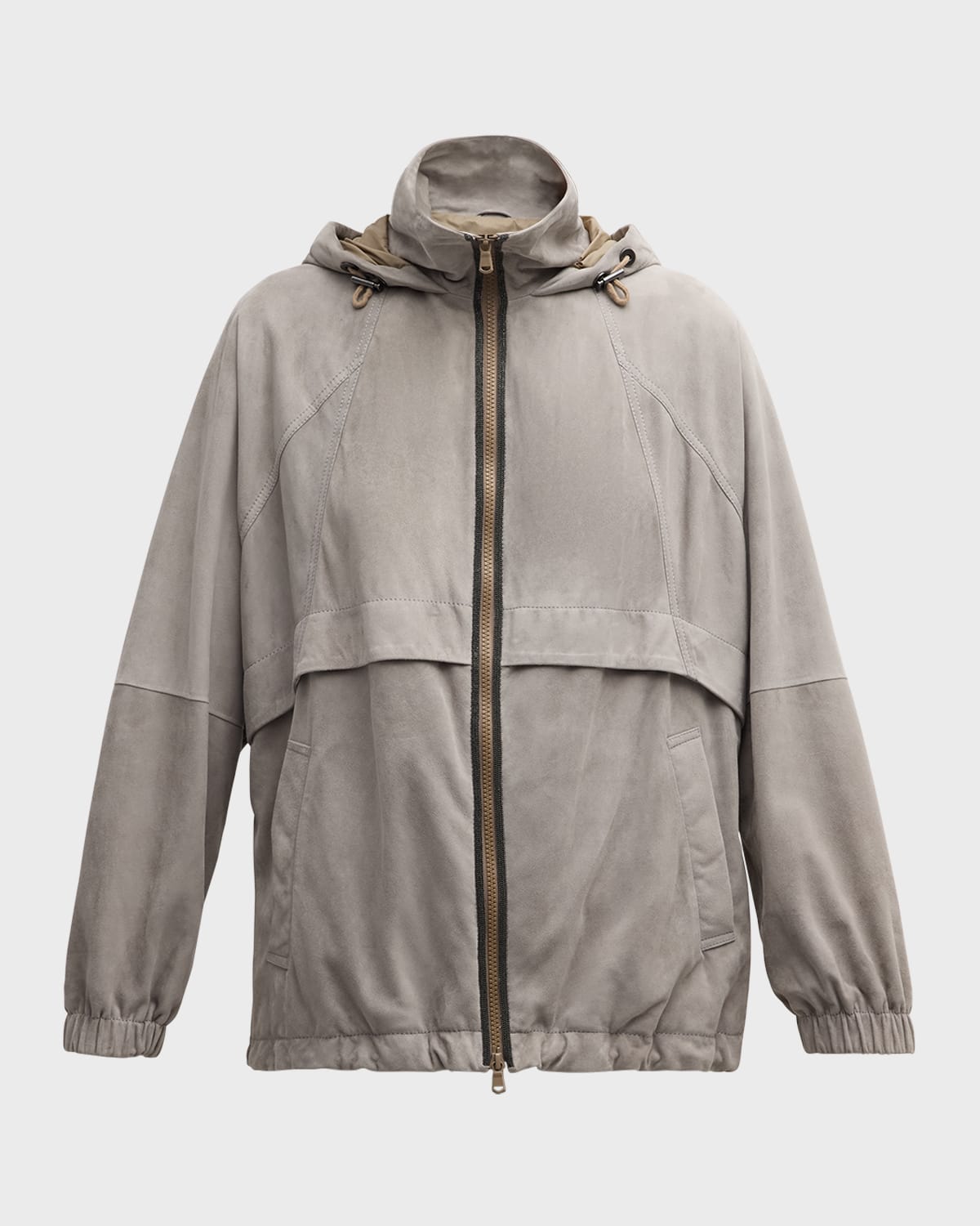 Brunello Cucinelli Monili-Trim Zip-Up Suede Hooded Spa Jacket
