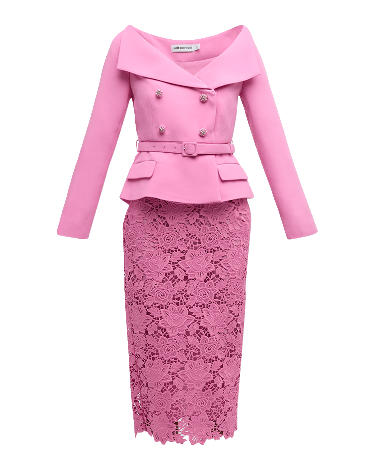 Self-Portrait Tailored Crepe Blazer Lace Midi Dress