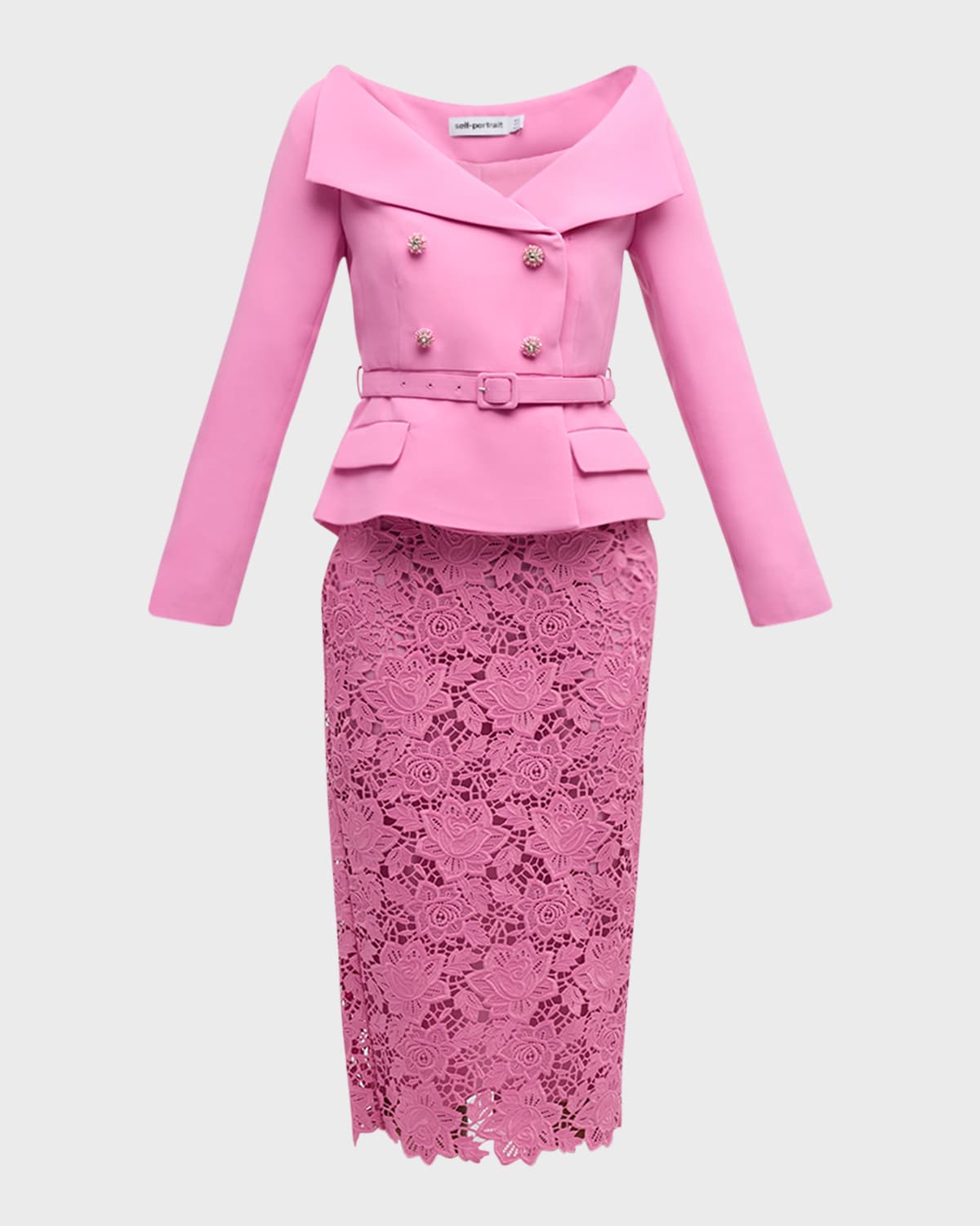 Self-Portrait Tailored Crepe Blazer Lace Midi Dress