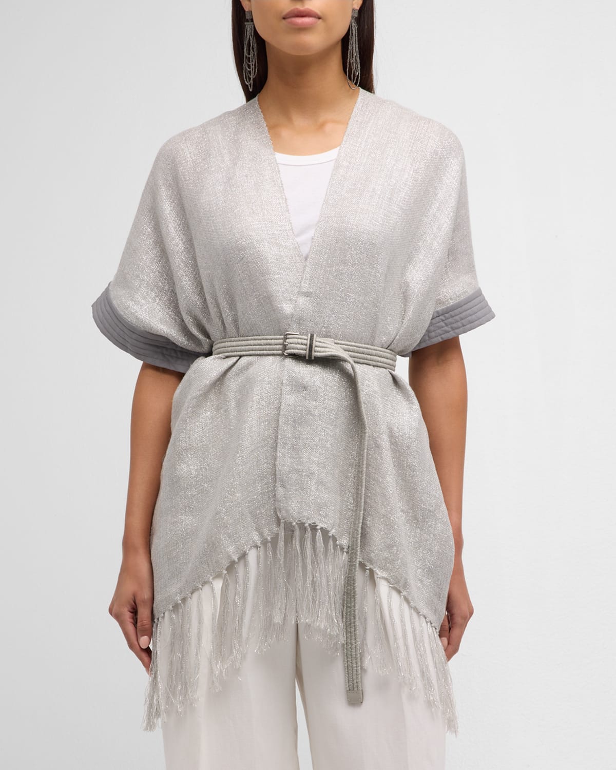 Brunello Cucinelli Metallic Fringe-Trim Wrap Kimono Jacket