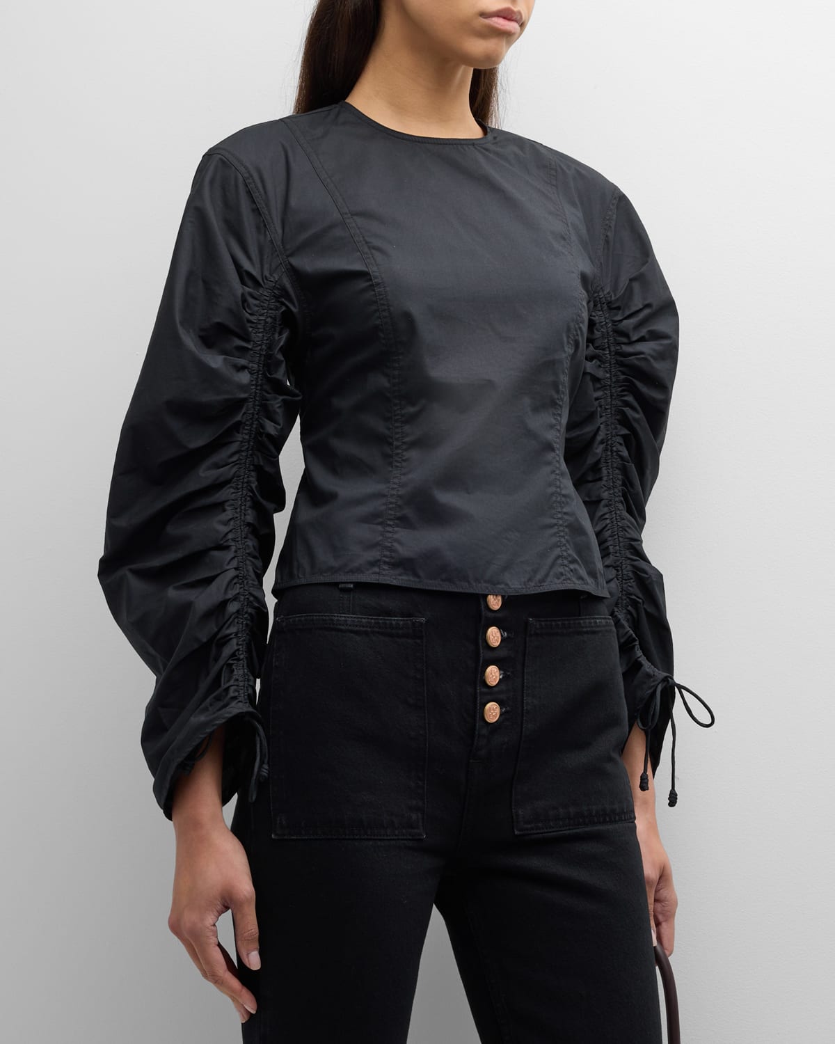 Ulla Johnson Lorna Ruched Puff-Sleeve Cotton Poplin Blouse