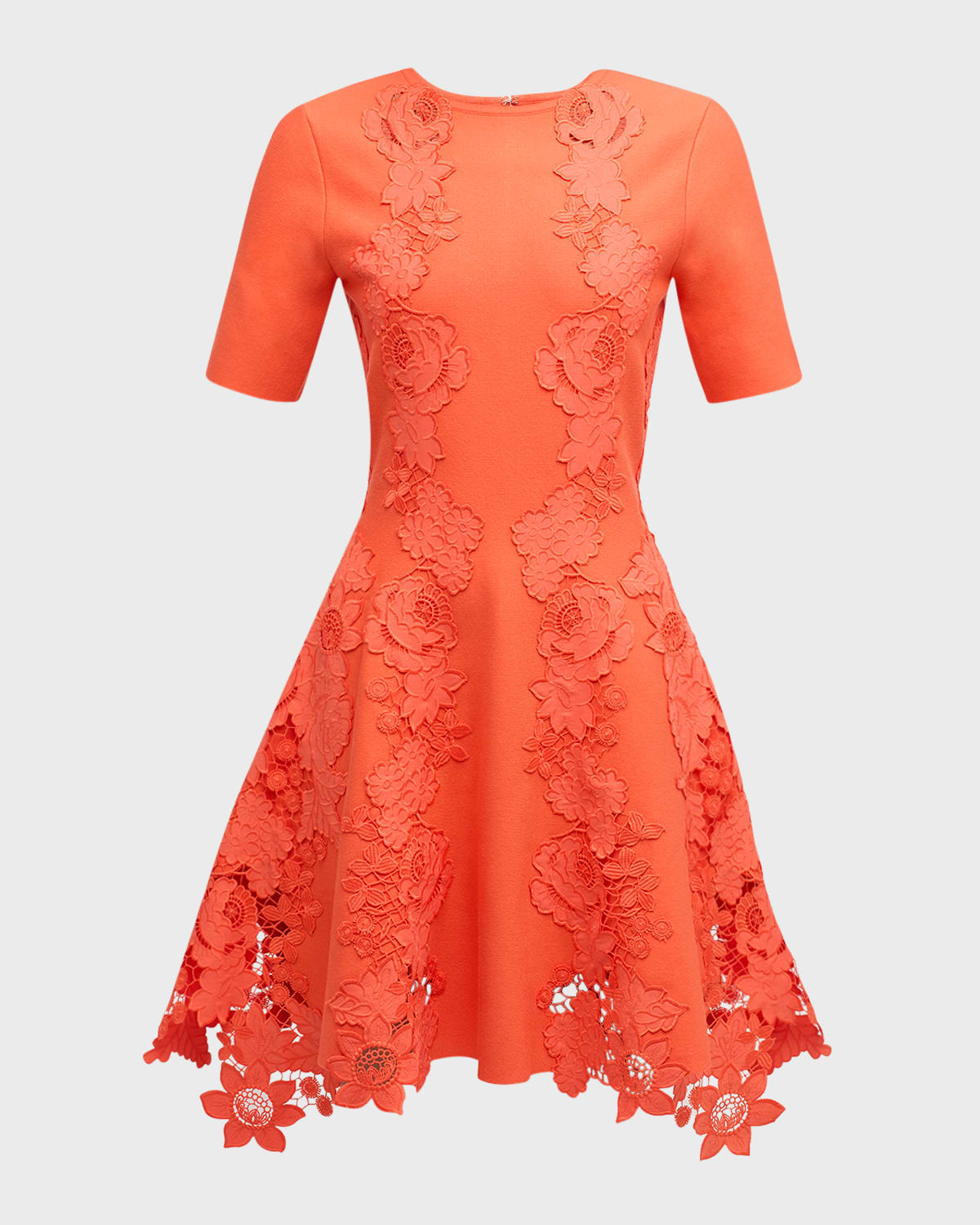 Oscar de la Renta Short-Sleeve Mixed Botanical Inset Mini Dress