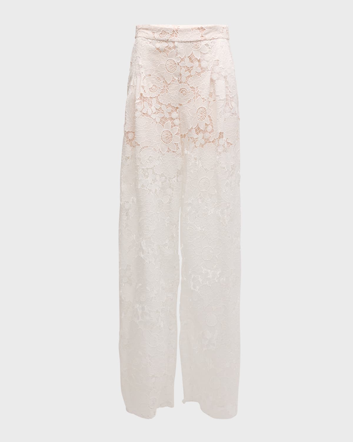 Oscar de la Renta Mixed Botanical Guipure Wide-Leg Pleated Pants