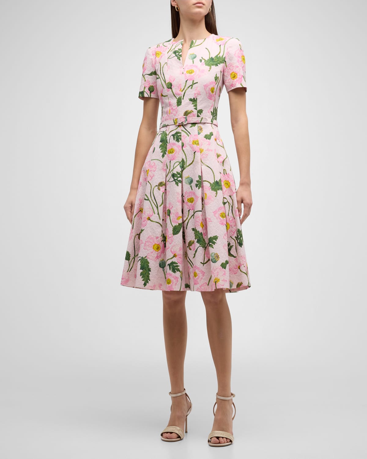 Oscar de la Renta Split-Neck Painted Poppies Cloque Flare Dress With Self Belt