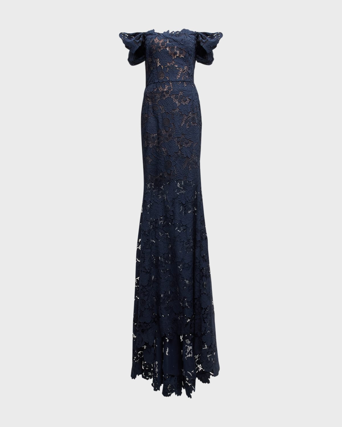 Oscar de la Renta Botanical Guipure Bow Off-The-Shoulder Trumpet Gown