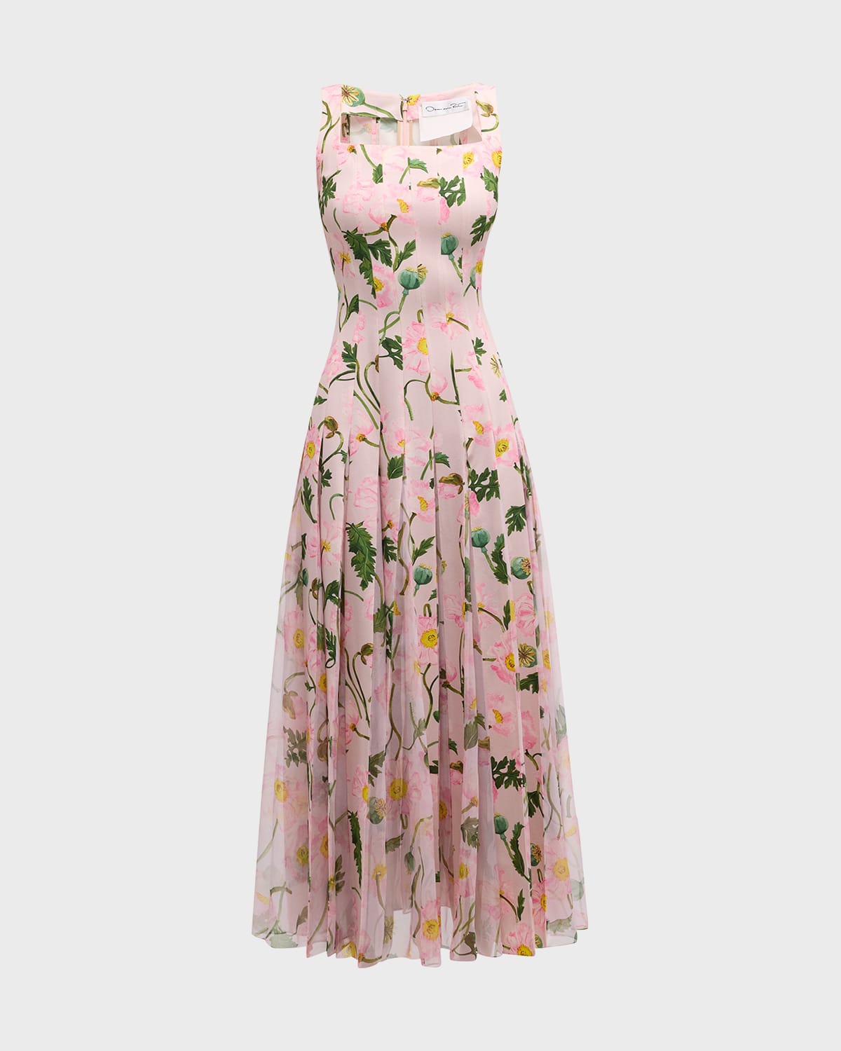 Oscar de la Renta Square-Neck Painted Poppies Pleated Cady Sleeveless Midi Dress