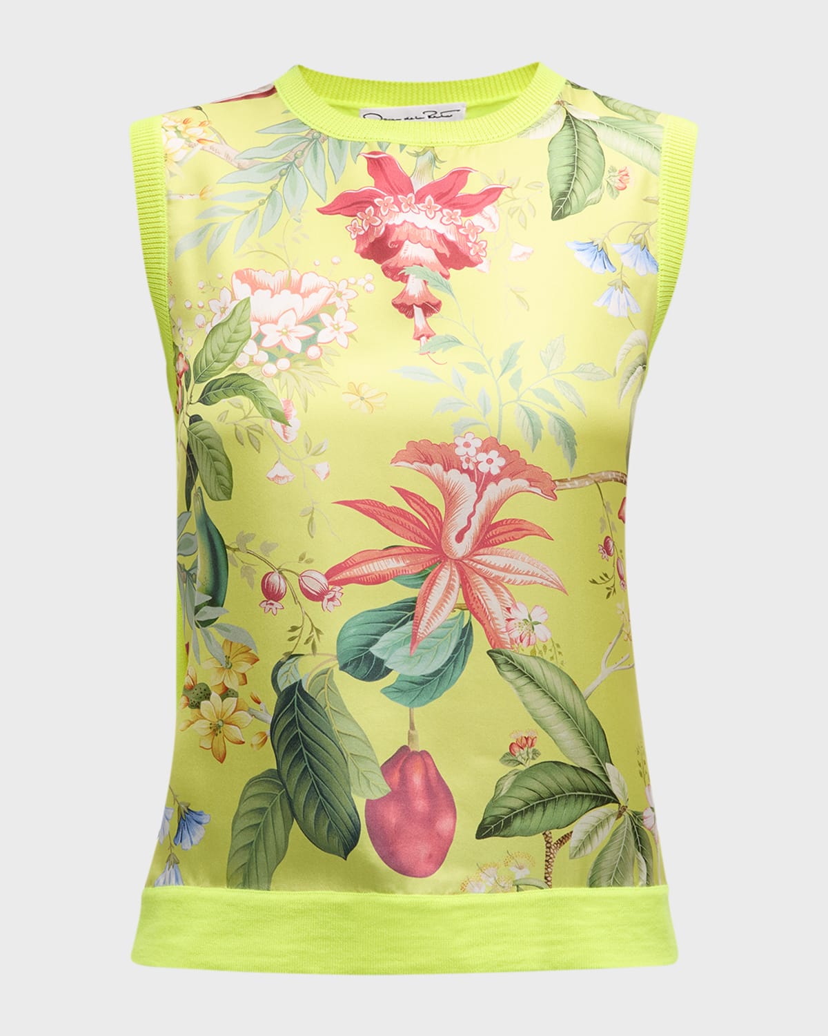 Oscar de la Renta Floral And Fauna Satin Inset Knit Tank Top