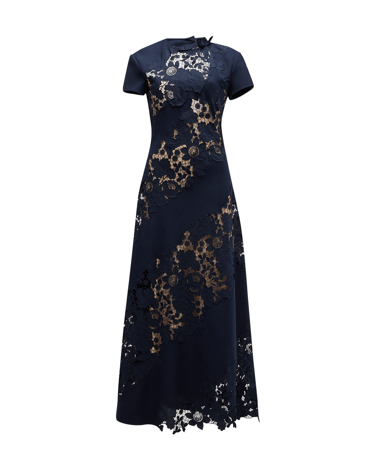 Oscar de la Renta Diagonal Botanical Guipure Inset Cap-Sleeve Open-Back Maxi Dress