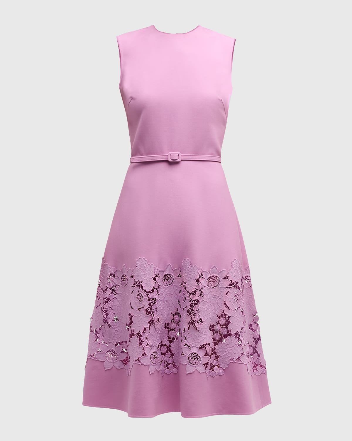 Oscar de la Renta Mixed Botanical Guipure Inset Sleeveless Belted Dress