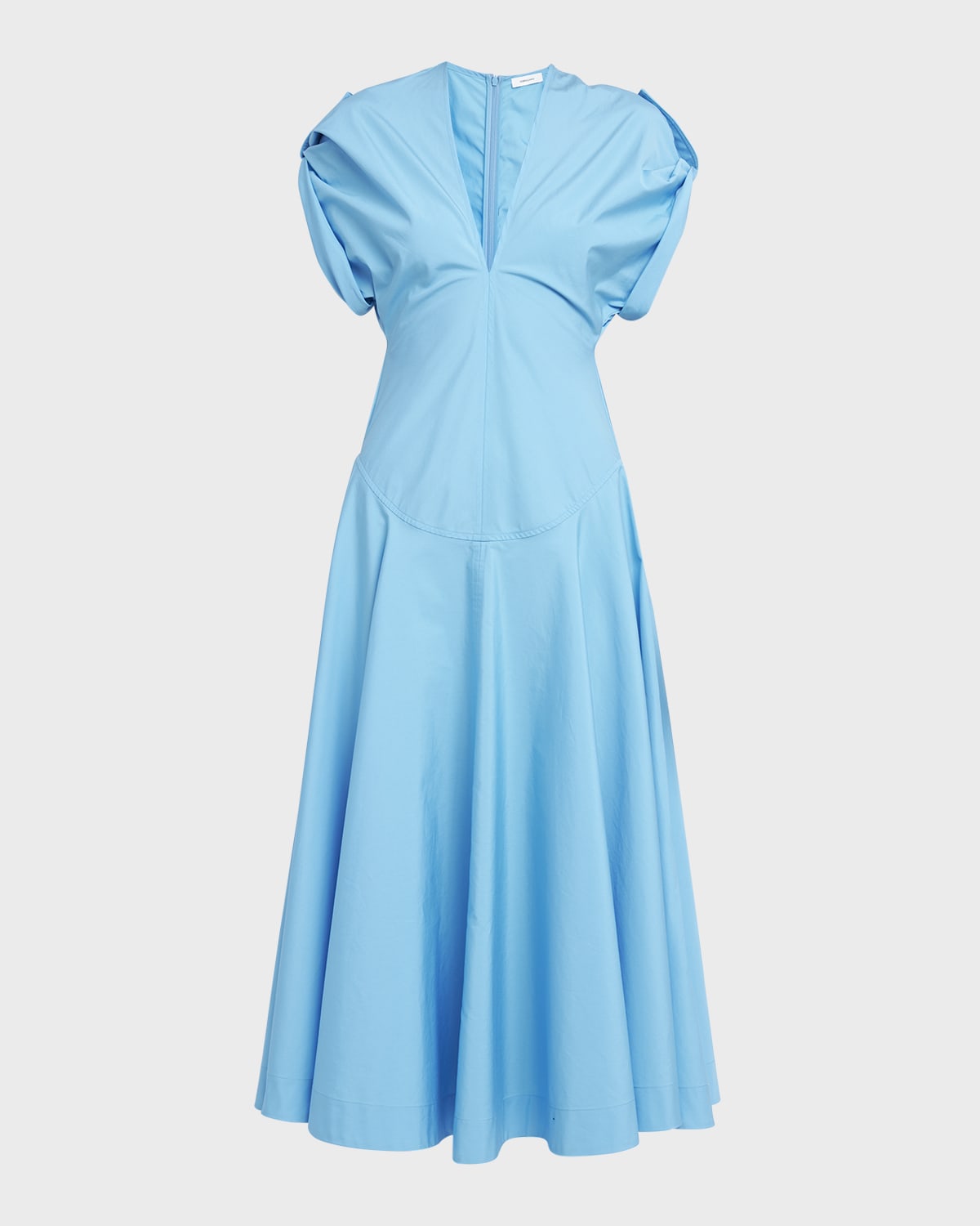 Ferragamo Plunging Cap-Sleeve Organic Poplin Midi Dress