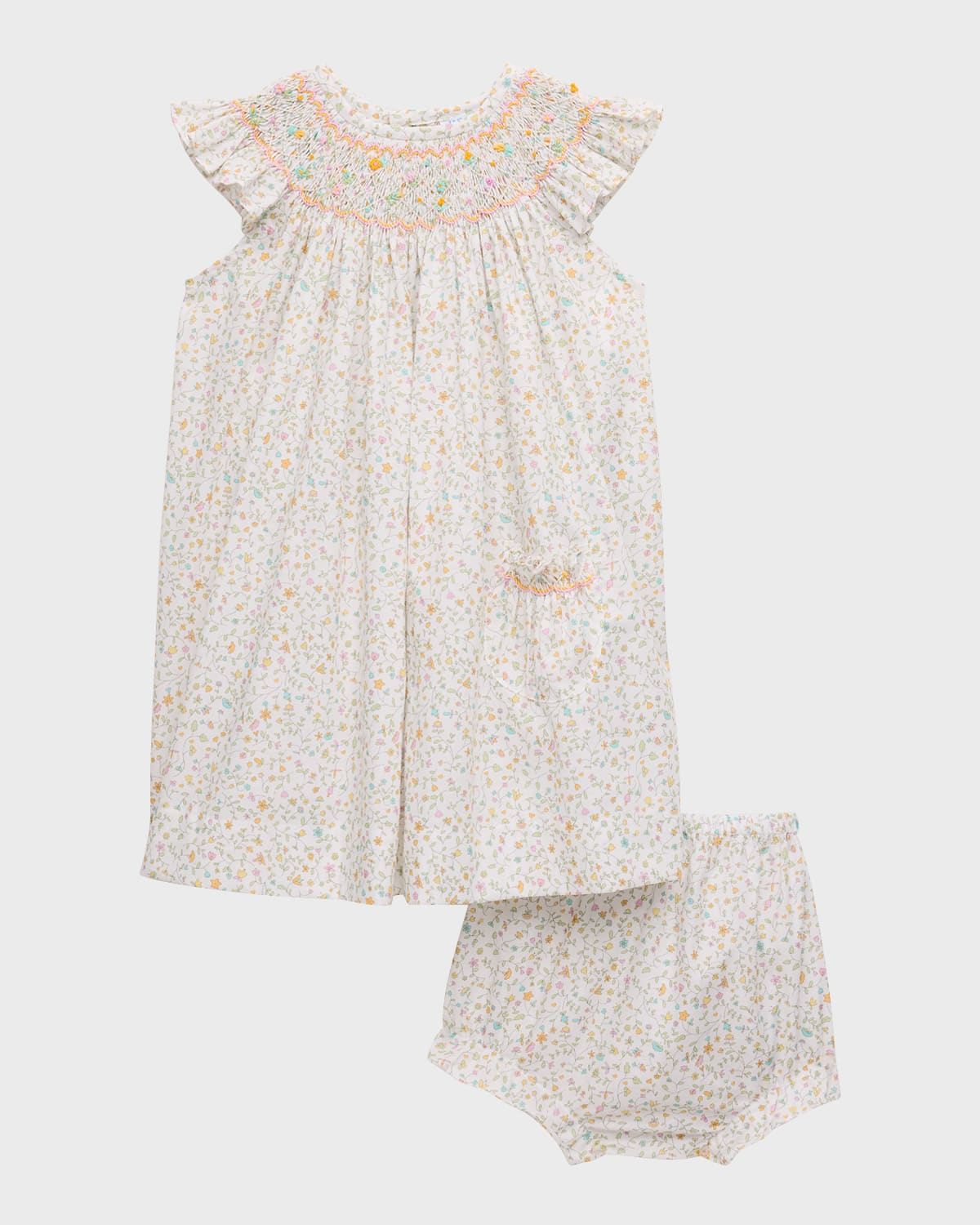 Luli & Me Girl's Floral Vine Smocked Bishop Dress with Bloomers, Size 9M-24M