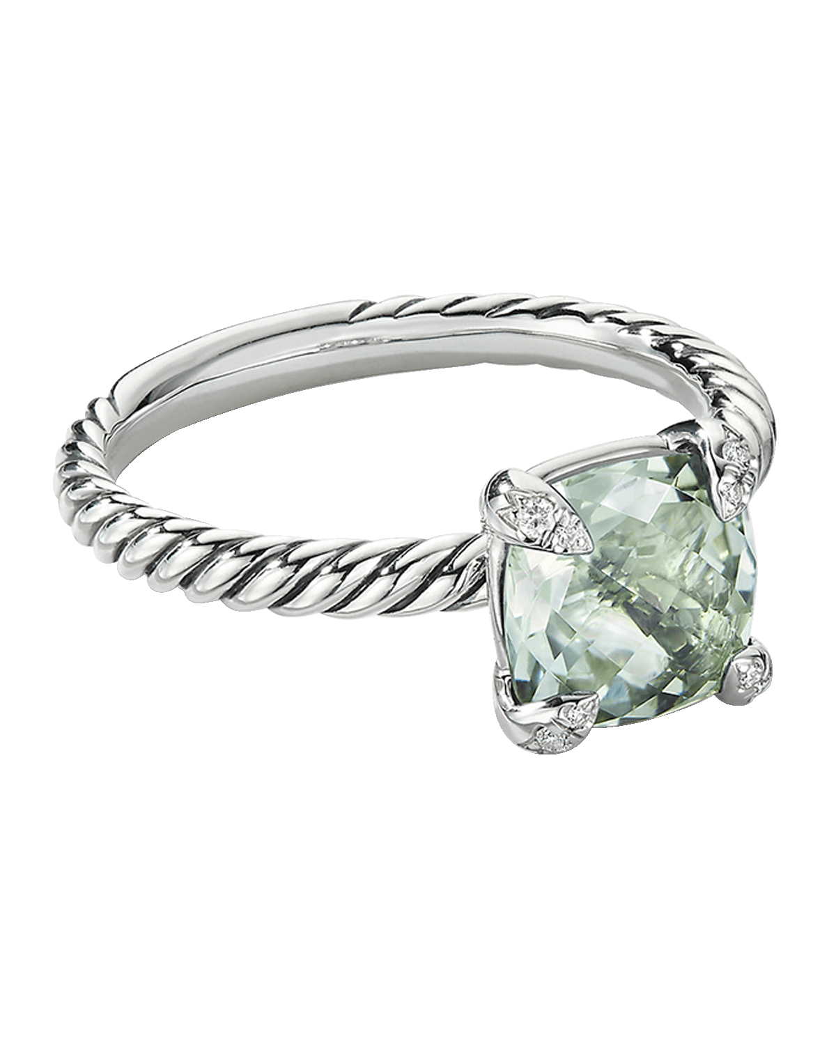 David Yurman Chatelaine Ring with Prasiolite and Diamonds in Silver, 8mm, Size 9.5