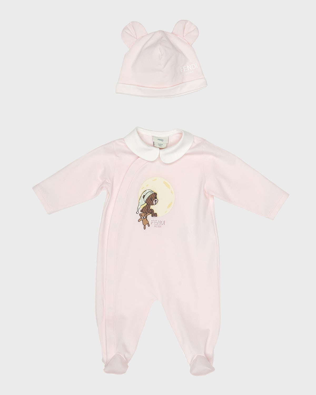 Fendi Girl's Bear On The Moon Footie and Hat Set, Size 1M-6M