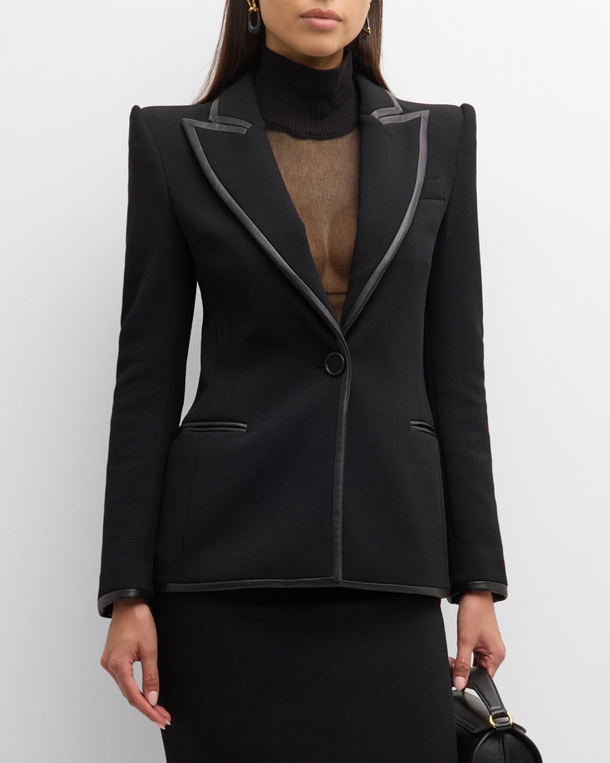 Sergio Hudson Leather Frame Strong-Shoulder Single-Breasted Blazer Jacket