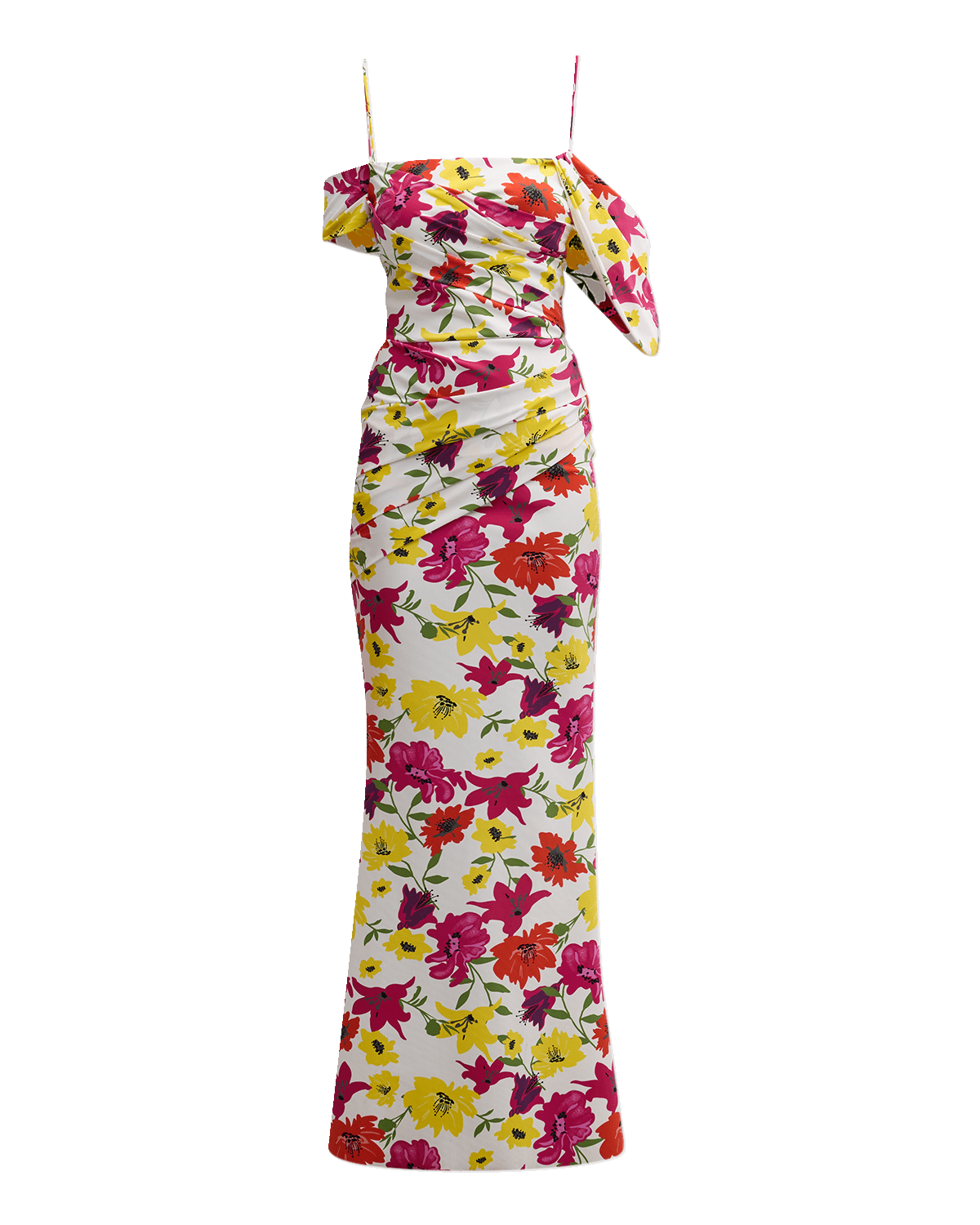 Chiara Boni La Petite Robe Unifila Pleated Floral-Print Trumpet Gown