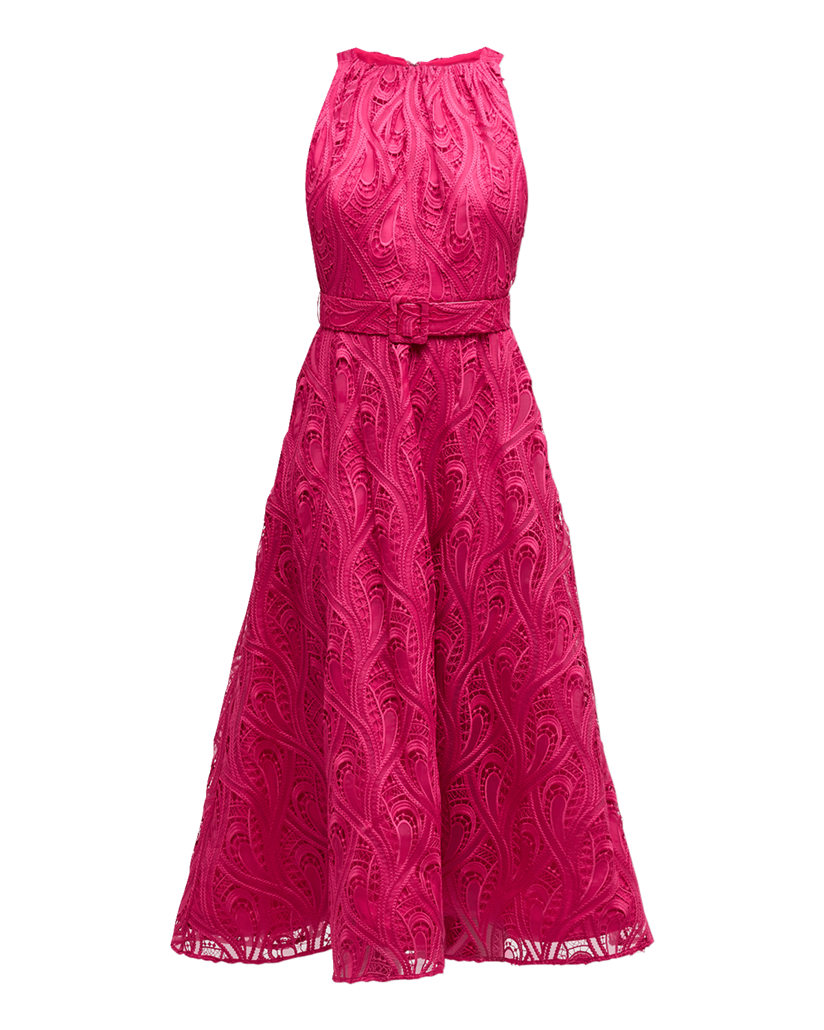 Badgley Mischka Collection Sleeveless Belted Halter Lace Midi Dress