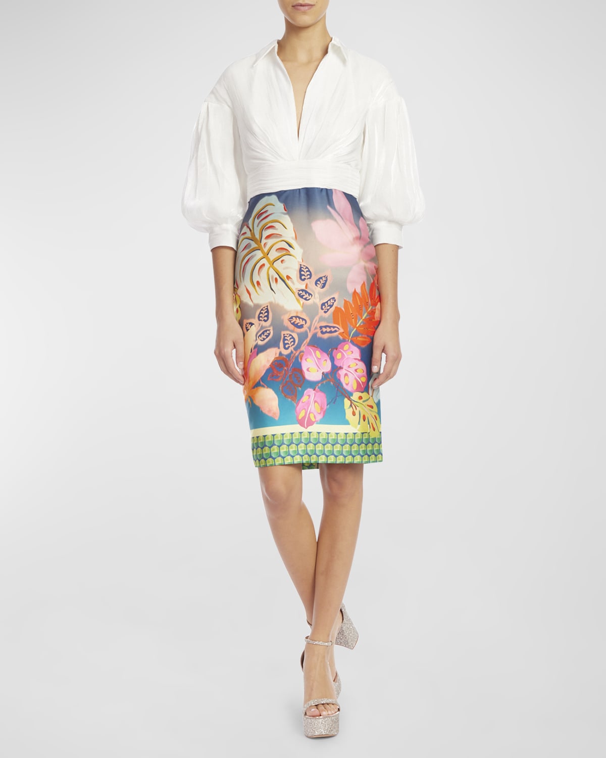 Badgley Mischka Collection Ruched Floral-Print Balloon-Sleeve Midi Dress