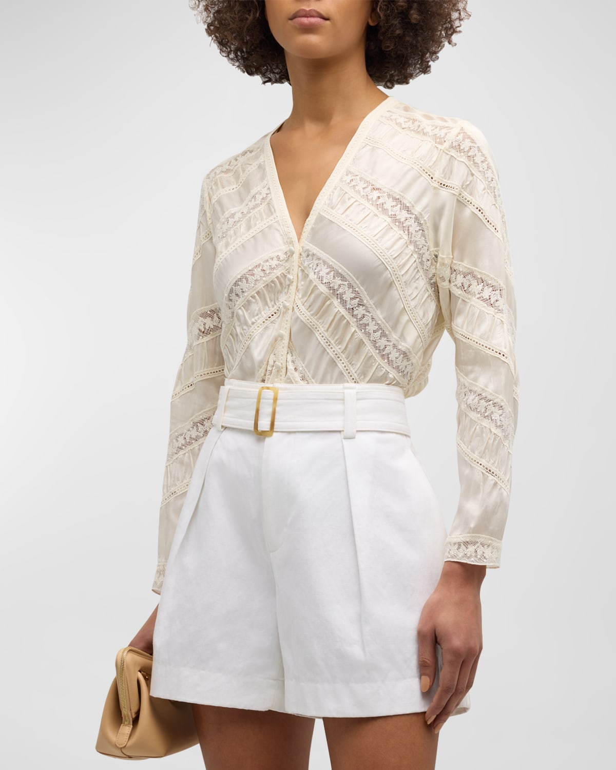 LoveShackFancy Tandra Viscose Habotai Lace V-Neck Blouse