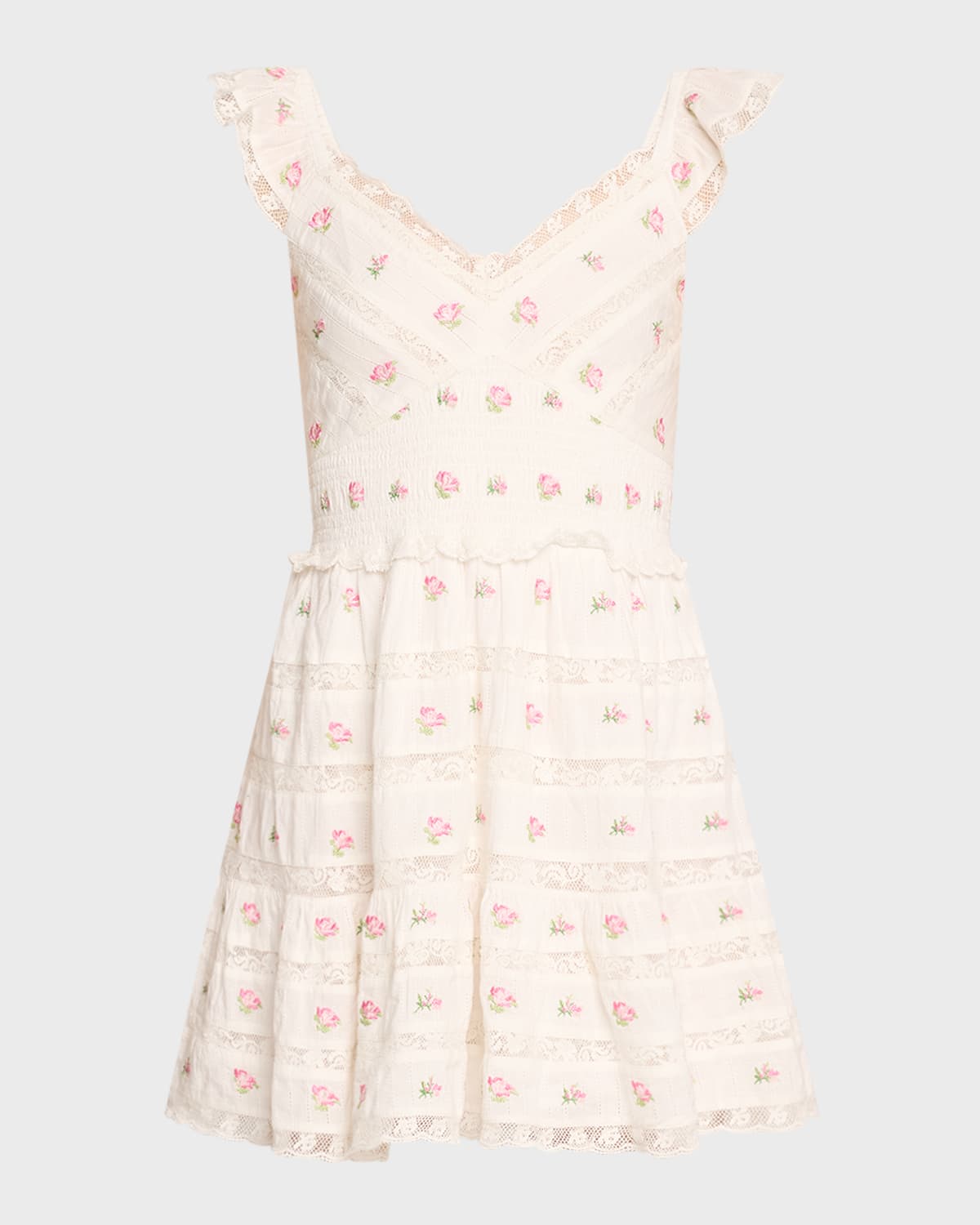 LoveShackFancy Finny Embroidered Lace Flutter-Sleeve Mini Dress