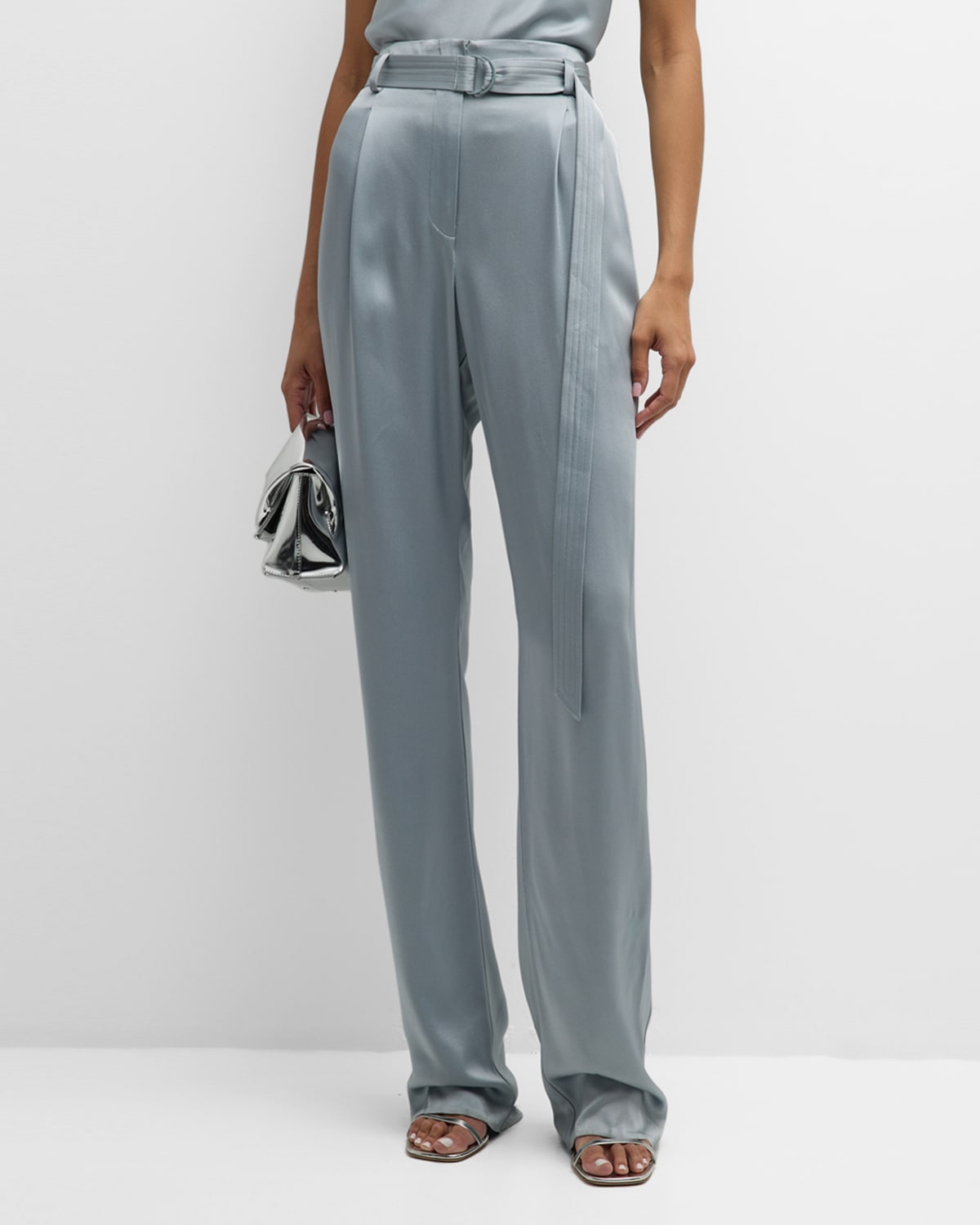 LAPOINTE High-Rise Belted Pleated Straight-Leg Doubleface Satin Pants