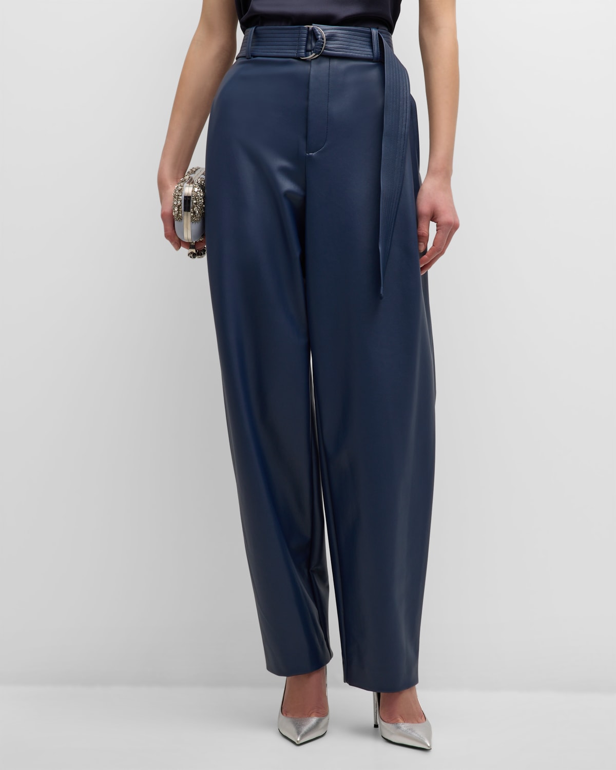 LAPOINTE Mid-Rise Belted Stretch Faux Leather Tapered-Leg Trousers