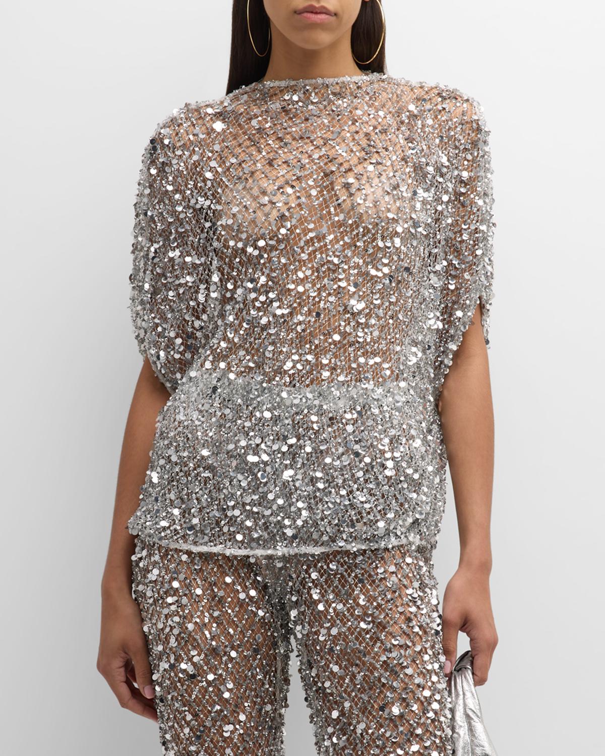 LAPOINTE Sequined Net Mesh Cape T-Shirt