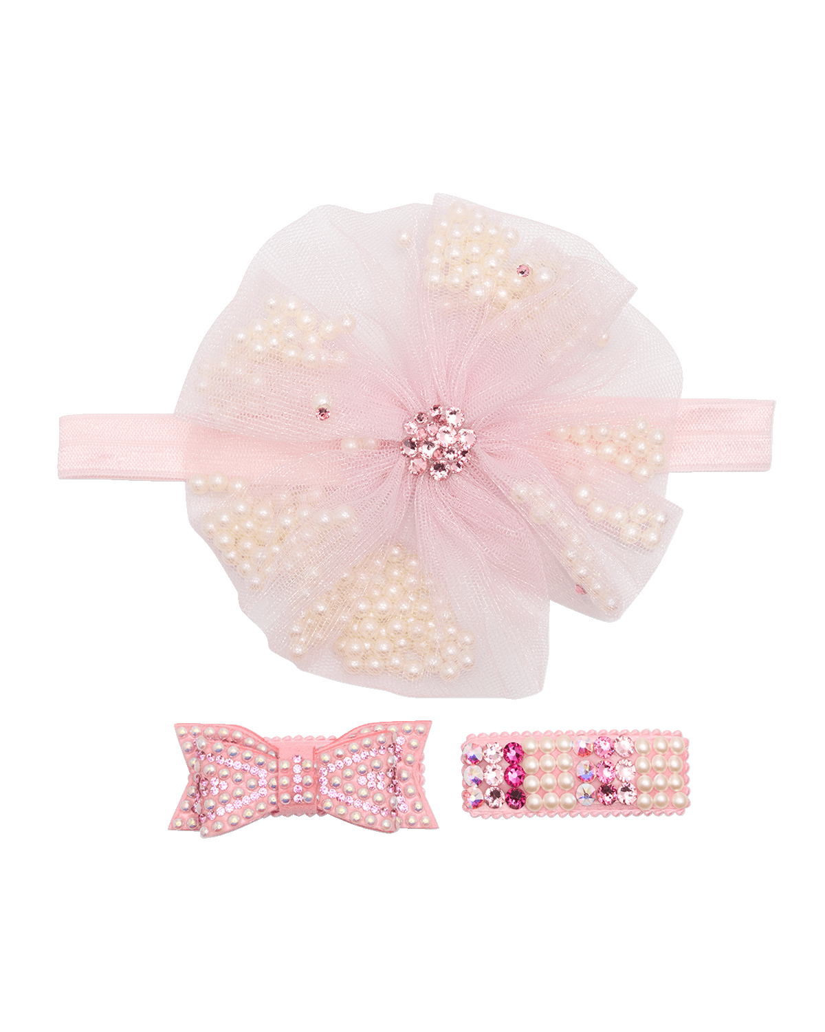 Bari Lynn Girl's 3-Piece Embellished Tulle Headband and Clip Set