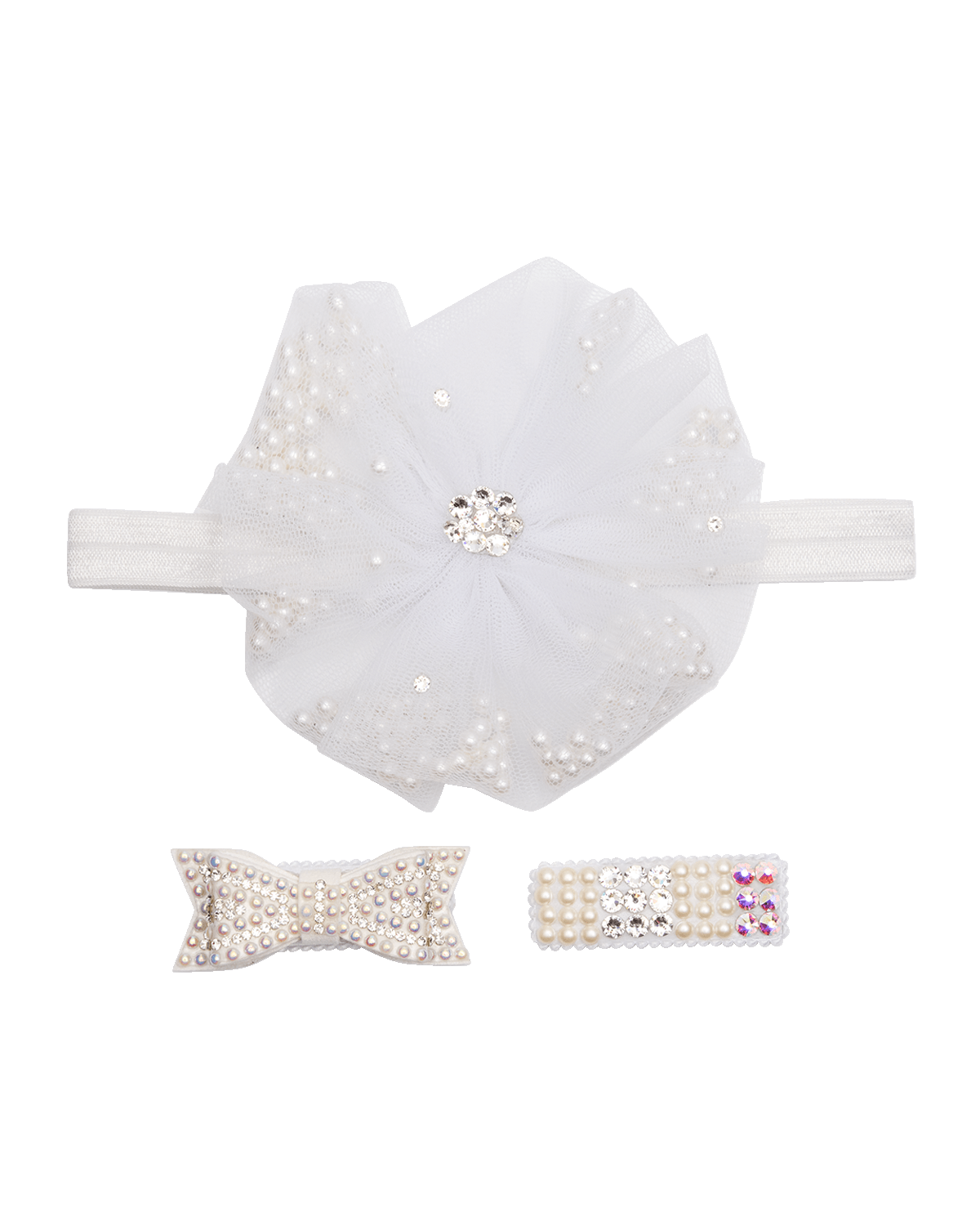 Bari Lynn Girl's 3-Piece Tulle Layer Bow Headband and Hair Clips Set