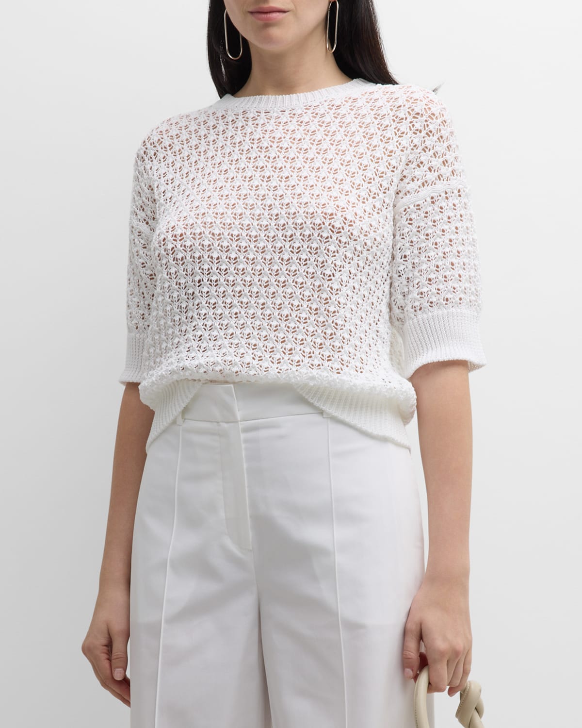 Eleventy Elbow-Sleeve Crewneck Open-Knit Sweater