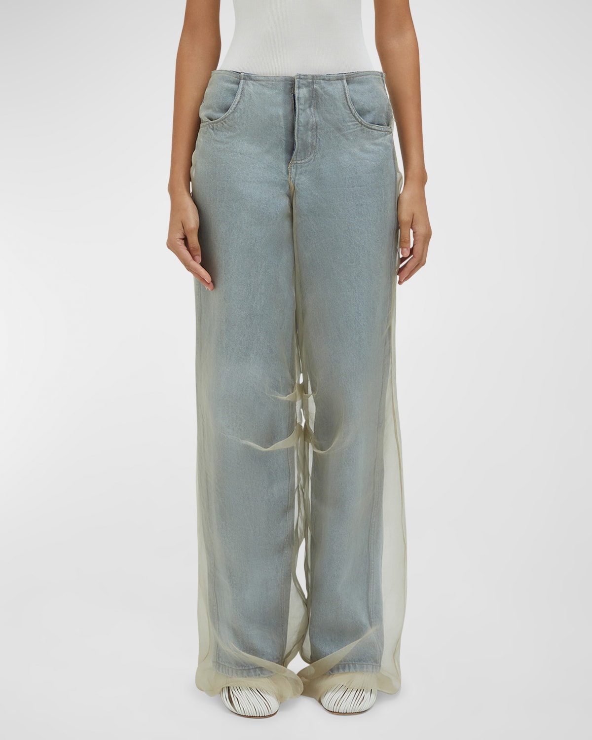 Christopher Esber Wide-Leg Denim Jeans with Silk Parchment Overlay