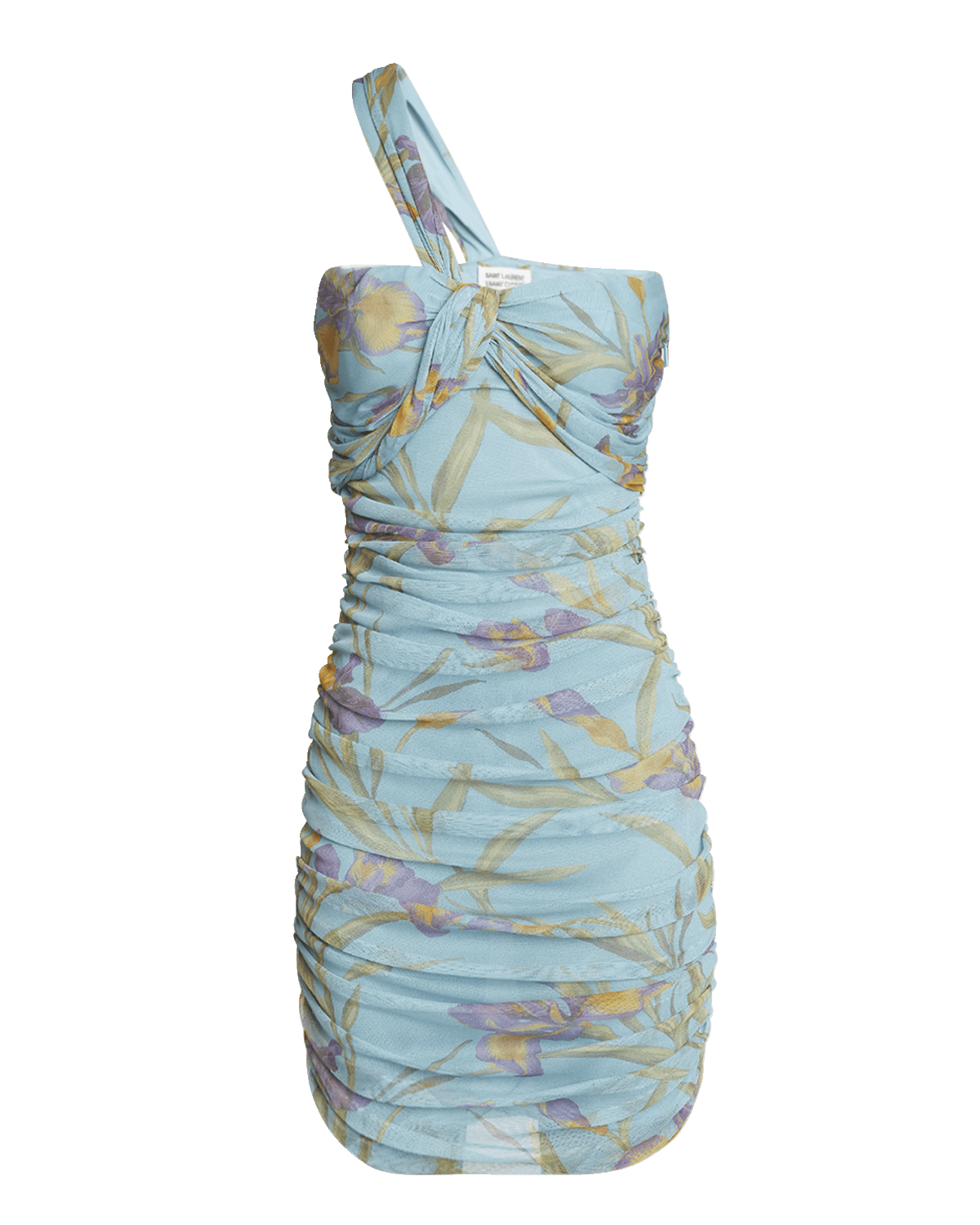 Saint Laurent Floral Ruched Twisted One-Shoulder Mini Dress