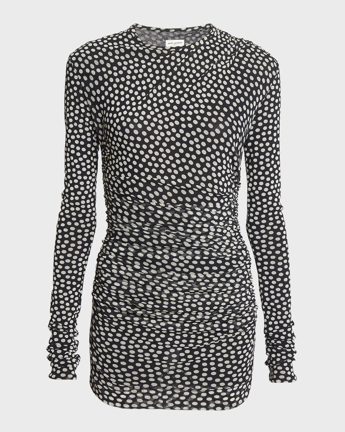 Saint Laurent Ruched Polka Dot Mini Dress