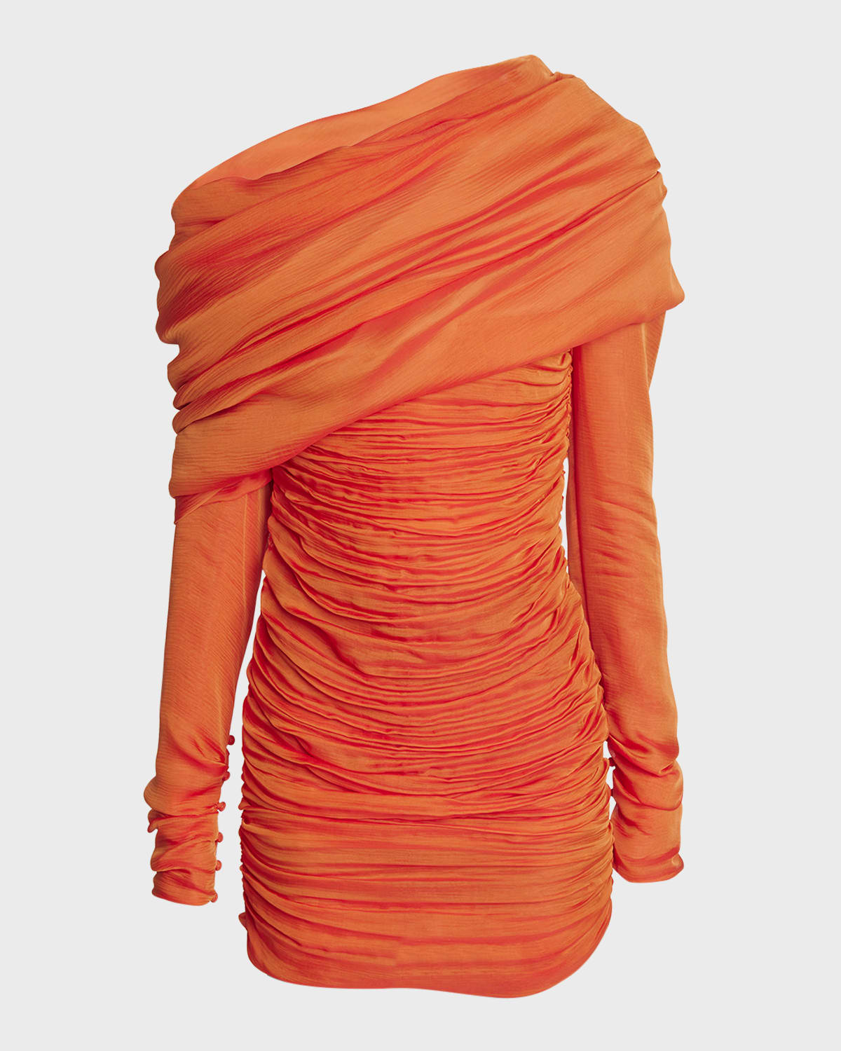 Saint Laurent Ruched Long-Sleeve One-Shoulder Mini Dress