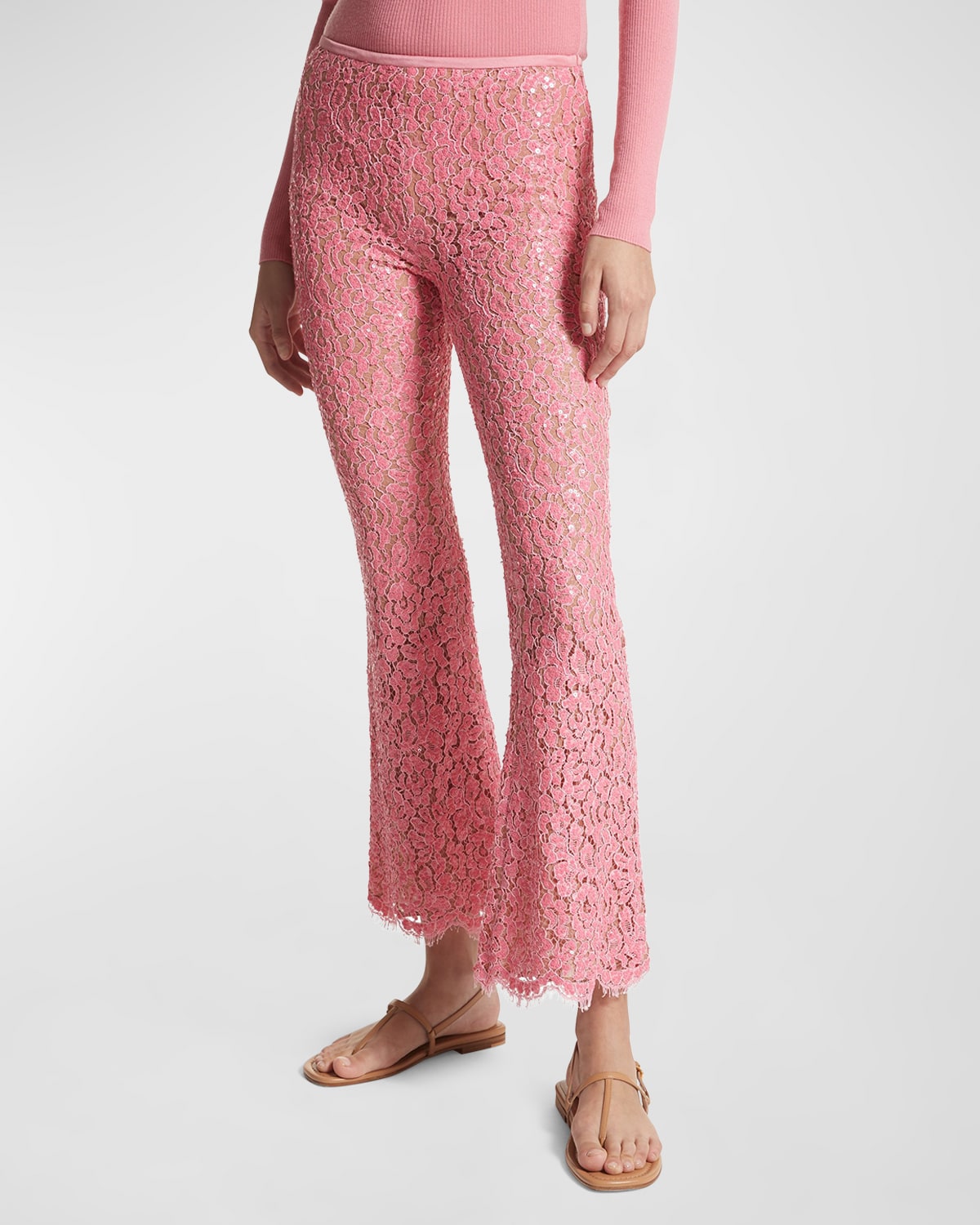Michael Kors Collection Mid-Rise Sequined Floral Lace Bootcut-Leg Cropped Pants