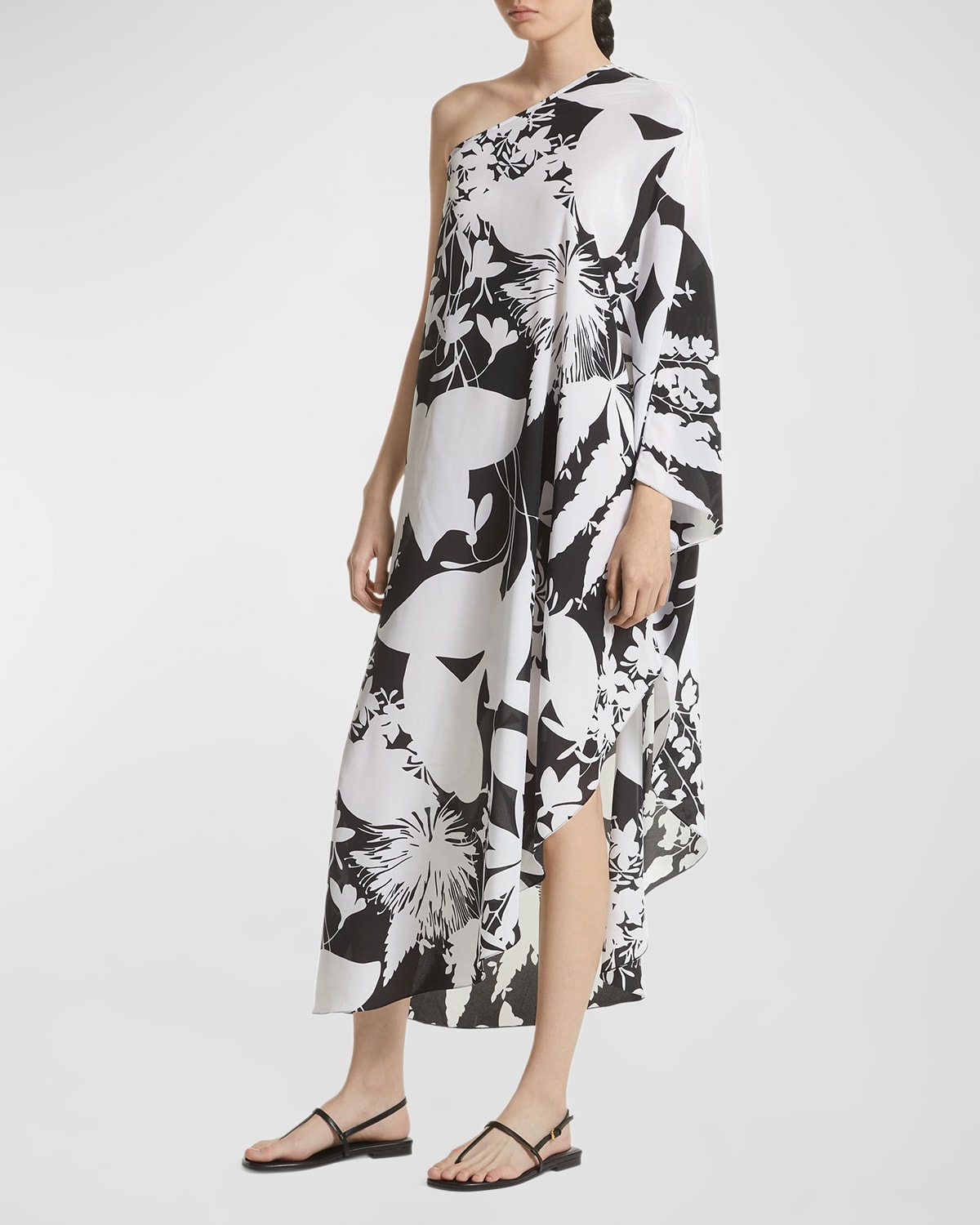 Michael Kors Collection Shadow Floral-Print One-Shoulder Organic Crepe De Chine Asymmetric Caftan Dress