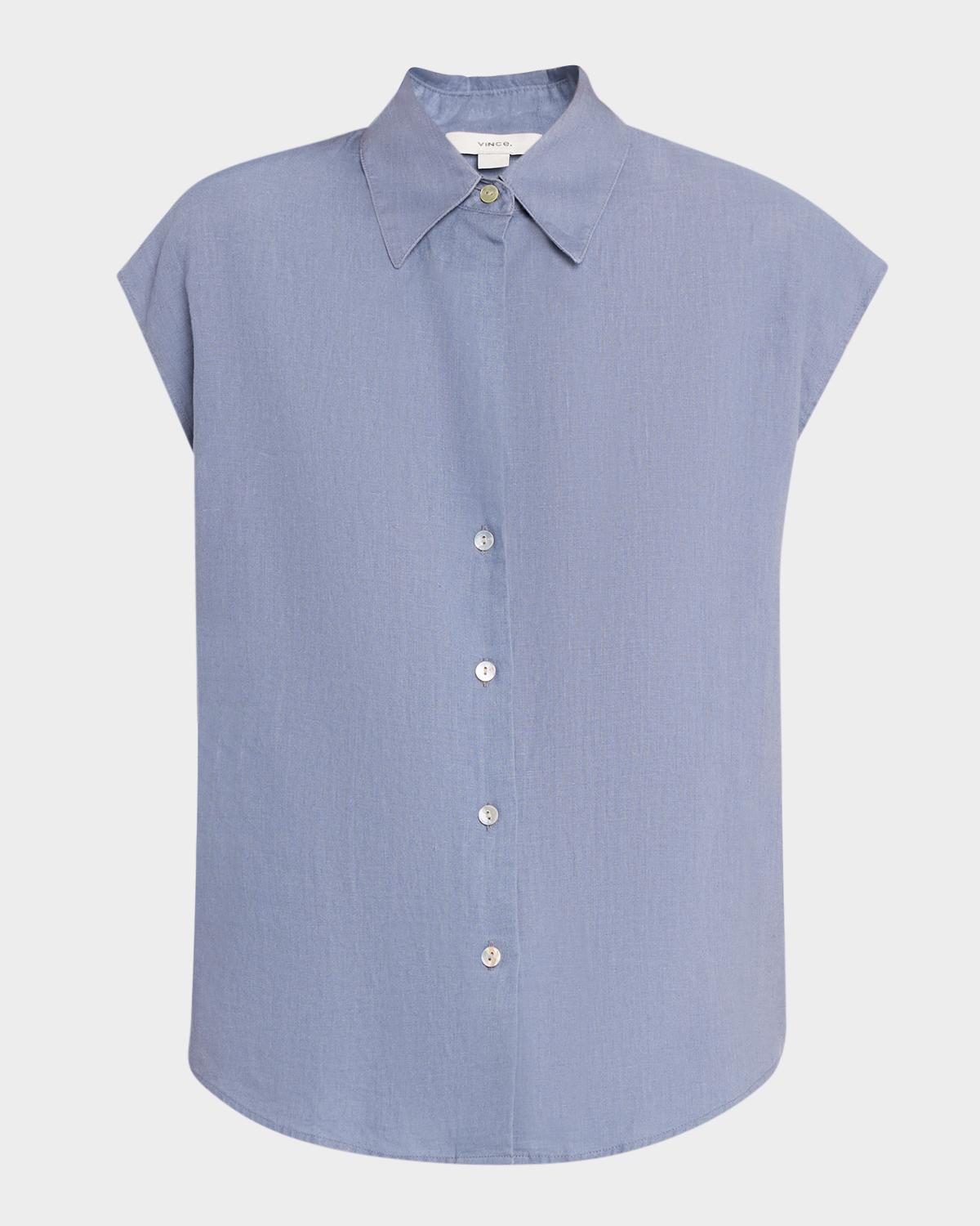 Cap-Sleeve Linen Button-Front Blouse