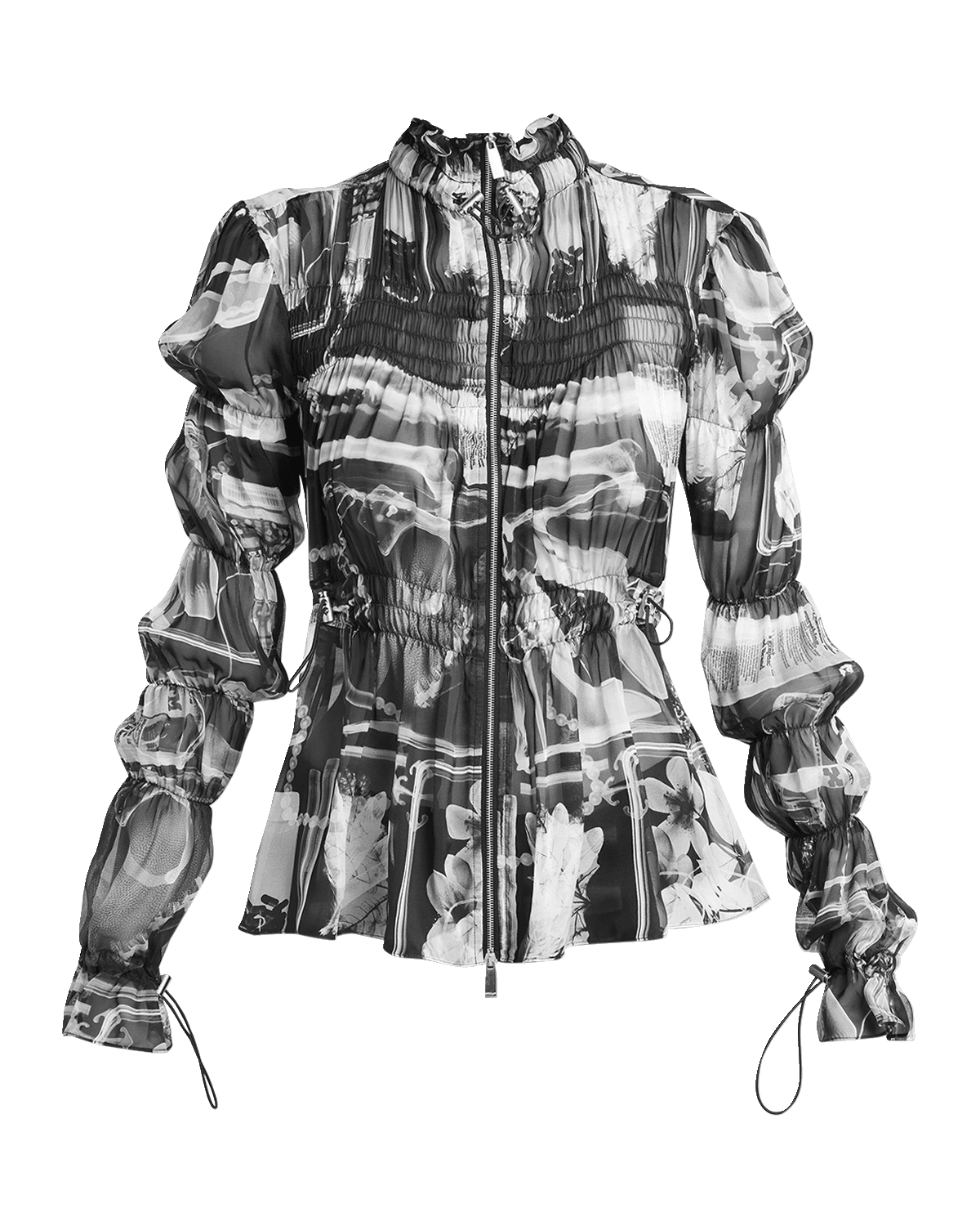 Off-White X-Ray Chiffon Smocked Zip-Front Shirt