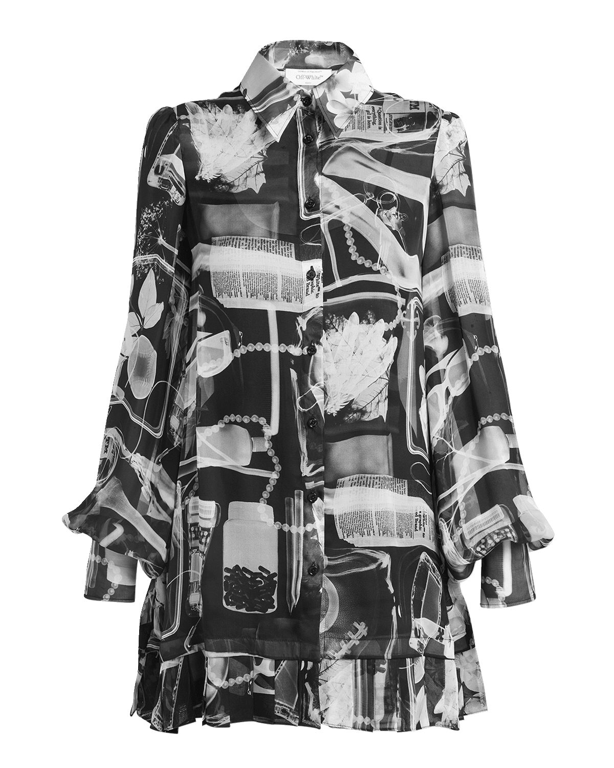 Off-White X-Ray Chiffon Pleated-Hem Mini Shirtdress