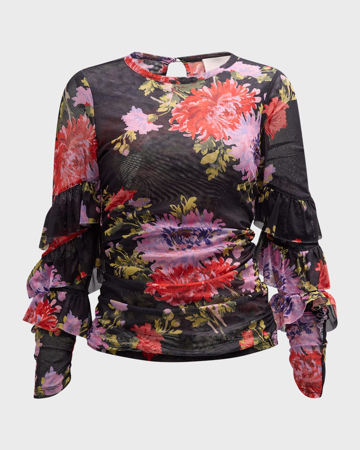 Cinq a Sept Elle Floral-Print Ruffle-Sleeve Shirred Top