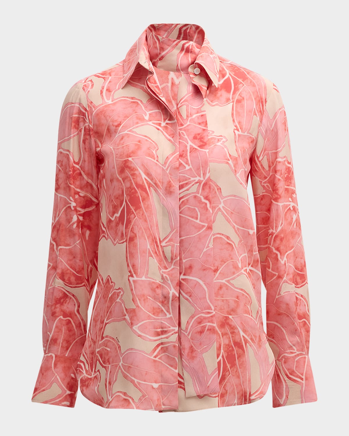 Kiton Floral-Print Long-Sleeve Neck-Scarf Silk Blouse