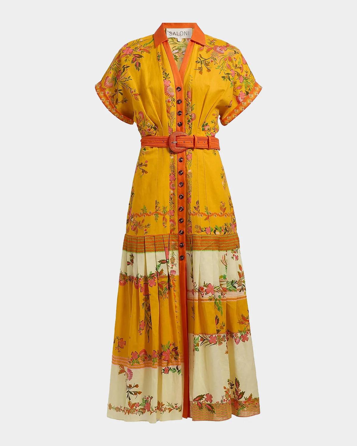 Saloni Riya-B Belted Floral Linen Maxi Shirt Dress