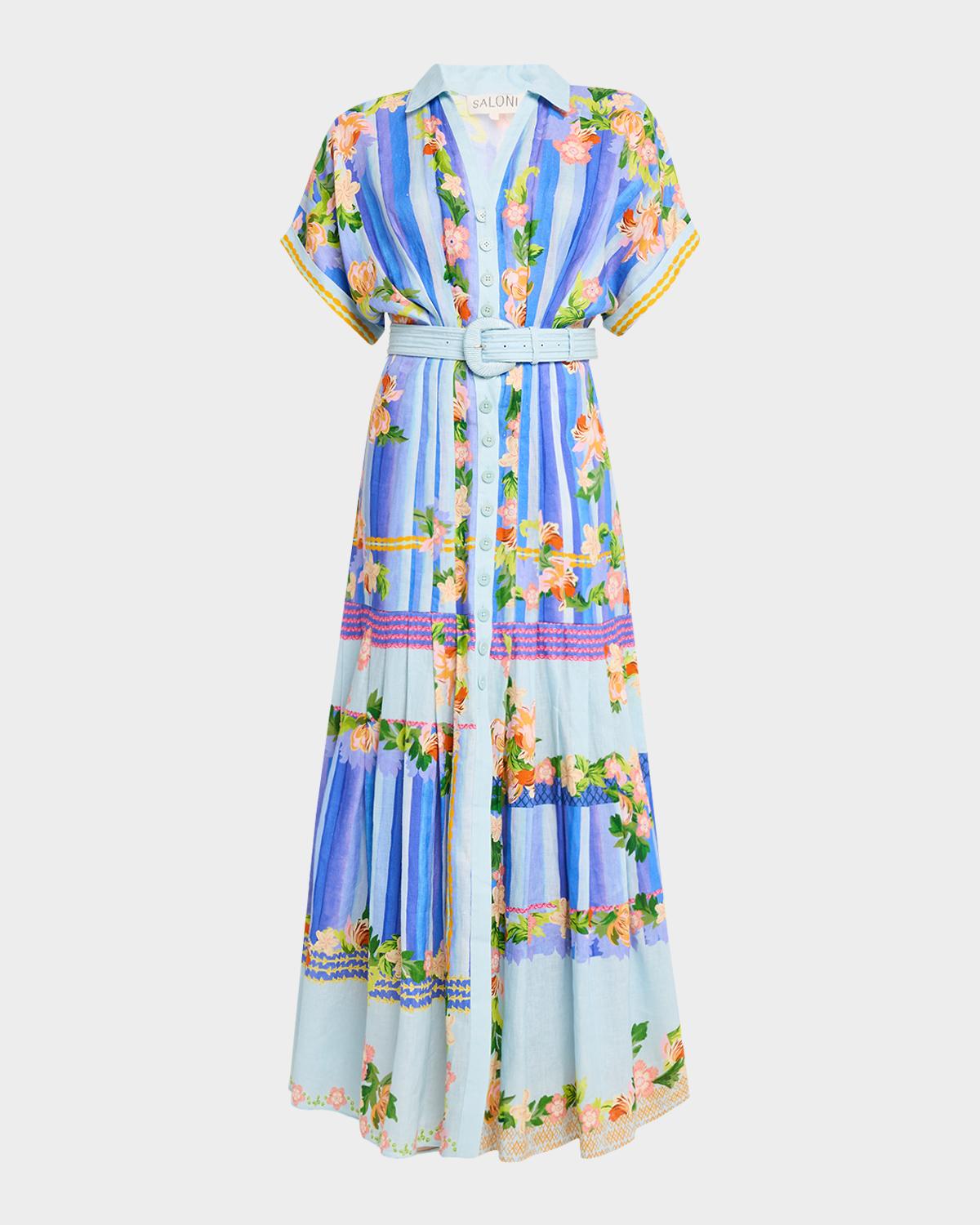 Saloni Riya-B Belted Floral Linen Maxi Shirt Dress